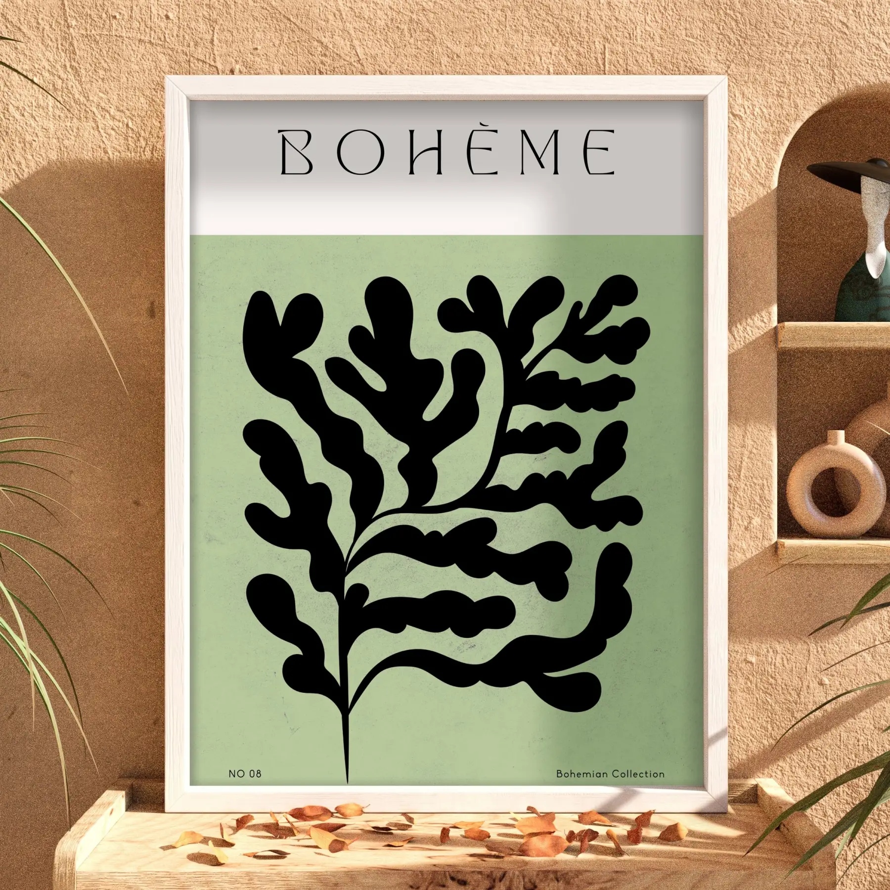Bohem Soyut Yaprak Beyaz Ahşap Çerçeveli Tablo Poster Dekoratif Obje Ev Aksesuarları Modern