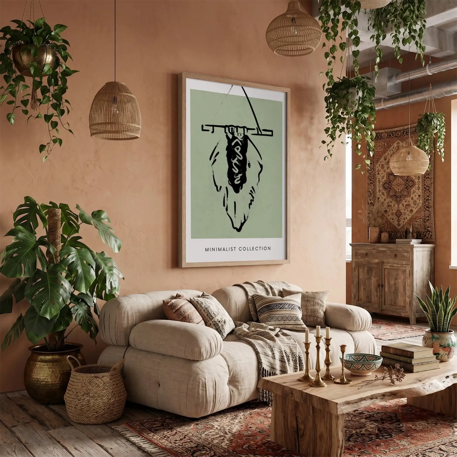 Yeşil Minimalist Figür Doğal Ahşap Çerçeveli Tablo Dekorasyonu Poster Obje Ev Aksesuarları Modern