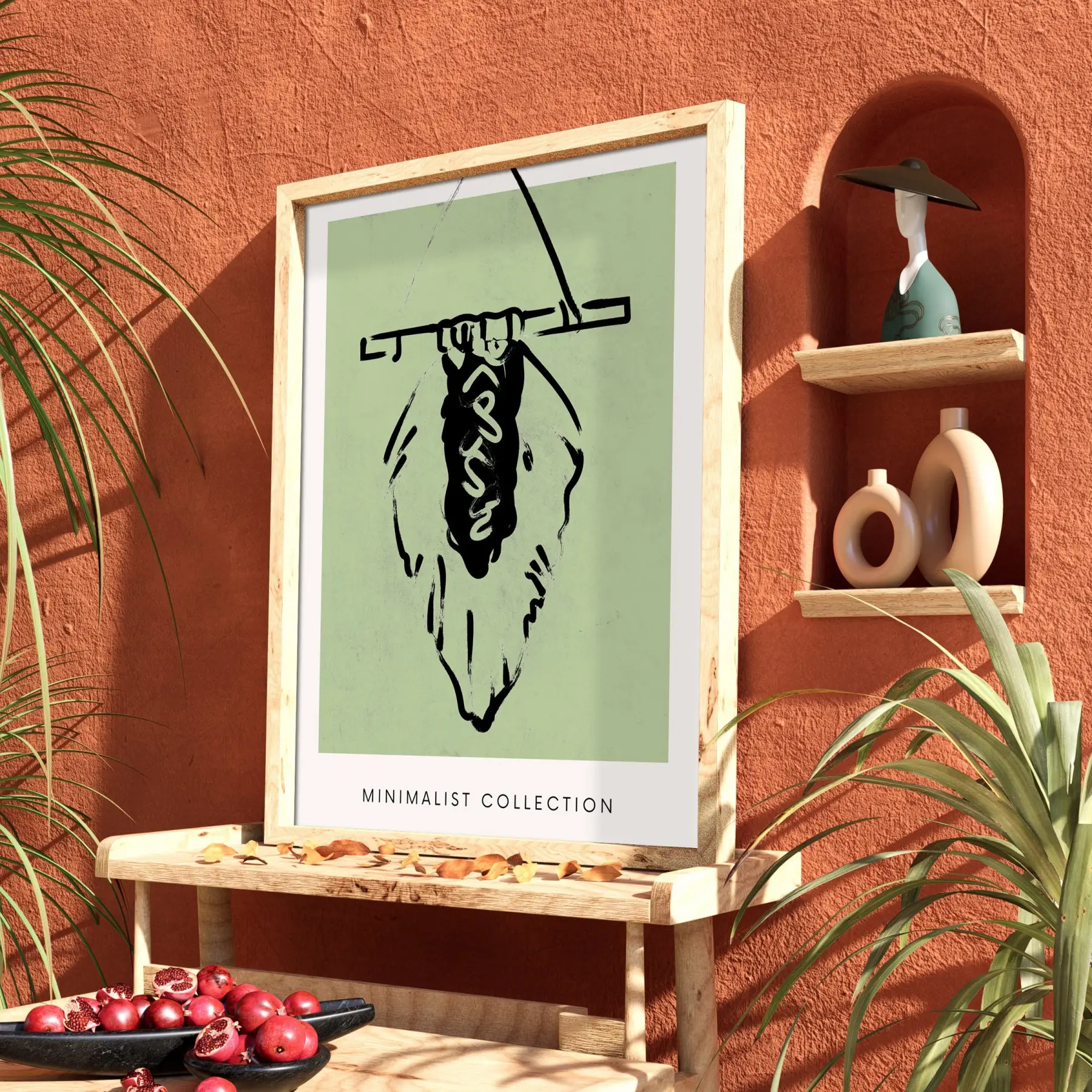 Yeşil Minimalist Figür Doğal Ahşap Çerçeveli Tablo Dekorasyonu Poster Obje Ev Aksesuarları Modern