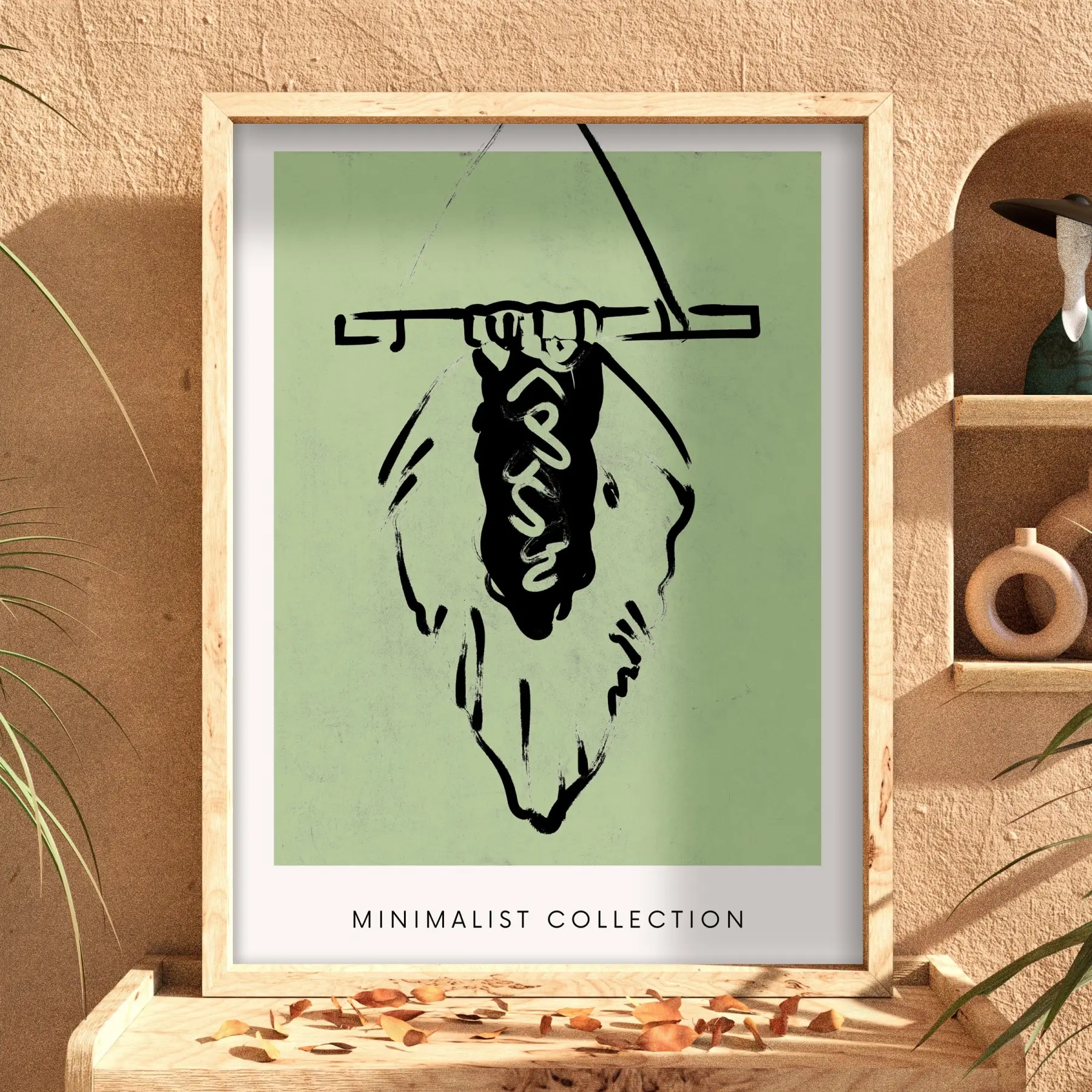 Yeşil Minimalist Figür Doğal Ahşap Çerçeveli Tablo Dekorasyonu Poster Obje Ev Aksesuarları Modern