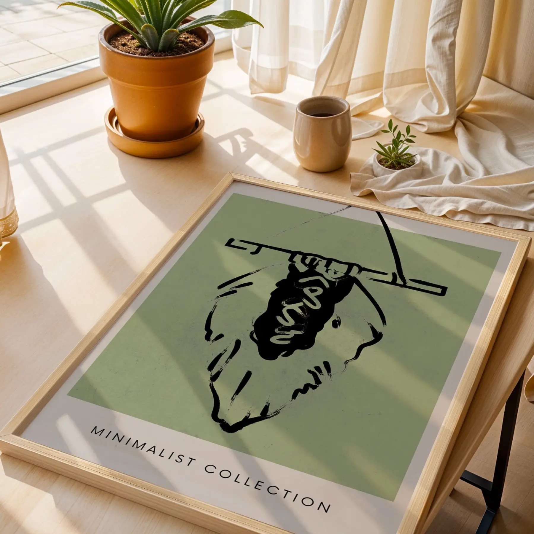 Yeşil Minimalist Figür Doğal Ahşap Çerçeveli Tablo Dekorasyonu Poster Obje Ev Aksesuarları Modern