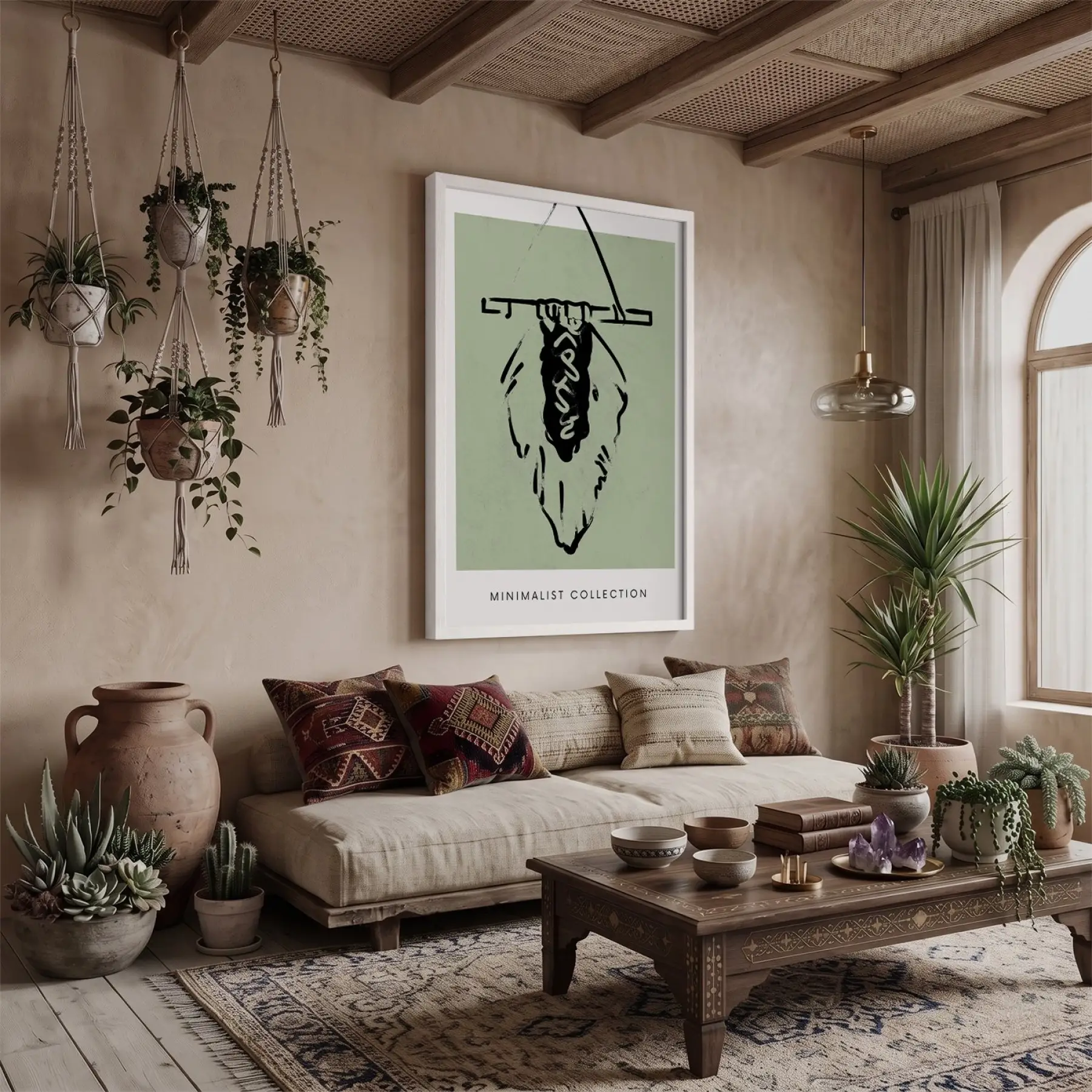 Yeşil Minimalist Figür Beyaz Ahşap Çerçeveli Tablo Koridor Ofis Kanvas Görünümlü Salon Oturma