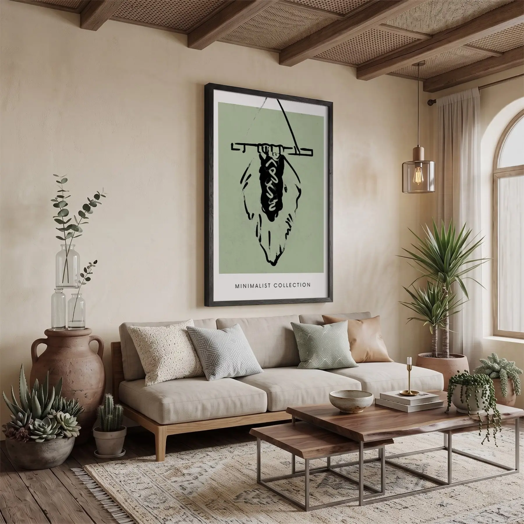 Yeşil Minimalist Figür Siyah Ahşap Çerçeveli Tablo Görünümlü Salon Oturma Odası Duvar Dekoru