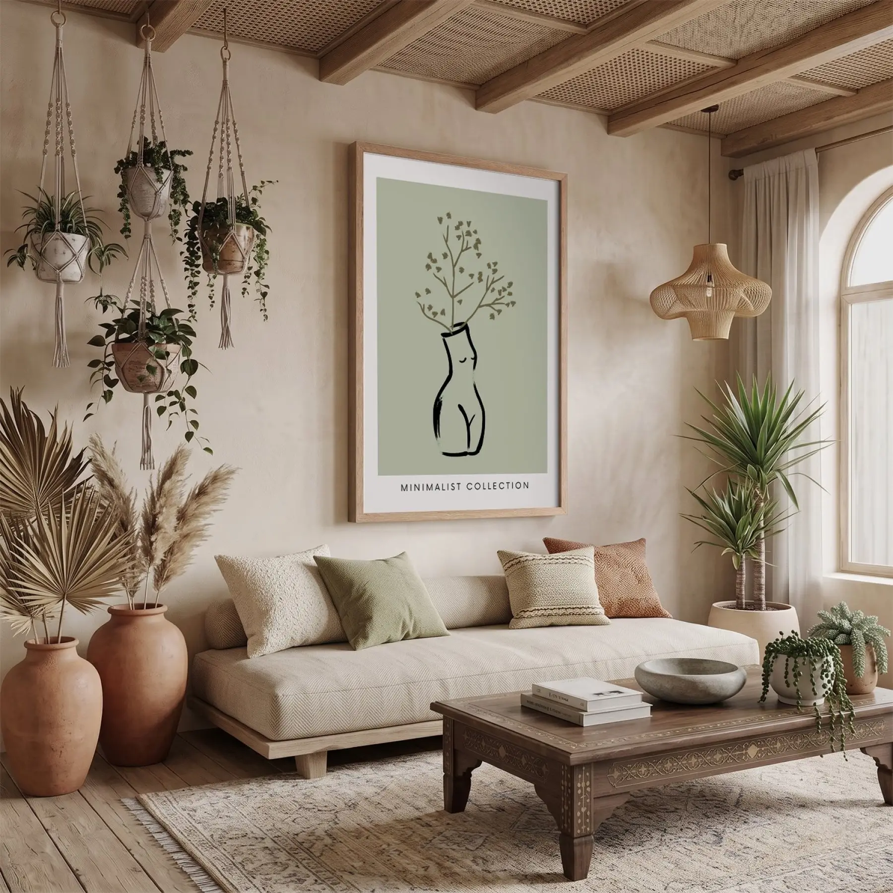 Zeytin Yeşili Minimal Silüet Doğal Ahşap Çerçeveli Tablo Ev Aksesuarları Modern Sanat İç