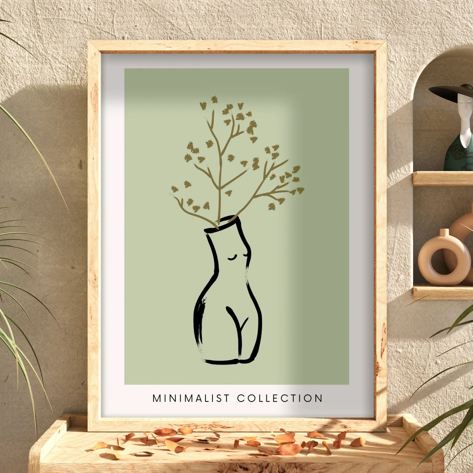 Zeytin Yeşili Minimal Silüet Doğal Ahşap Çerçeveli Tablo Ev Aksesuarları Modern Sanat İç