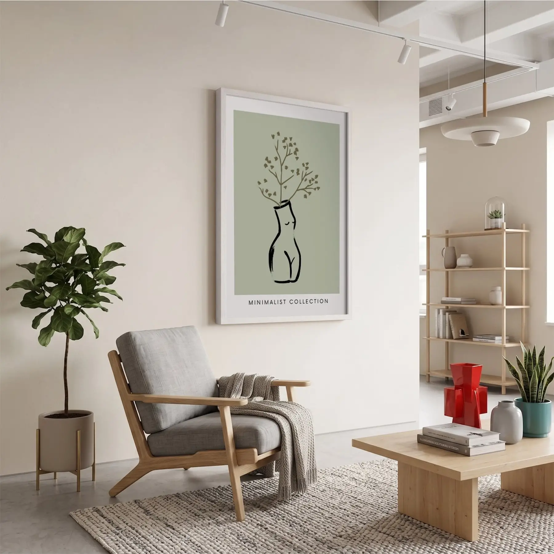 Zeytin Yeşili Minimal Silüet Beyaz Ahşap Çerçeveli Tablo Modern Sanat İç Mekan Yatak