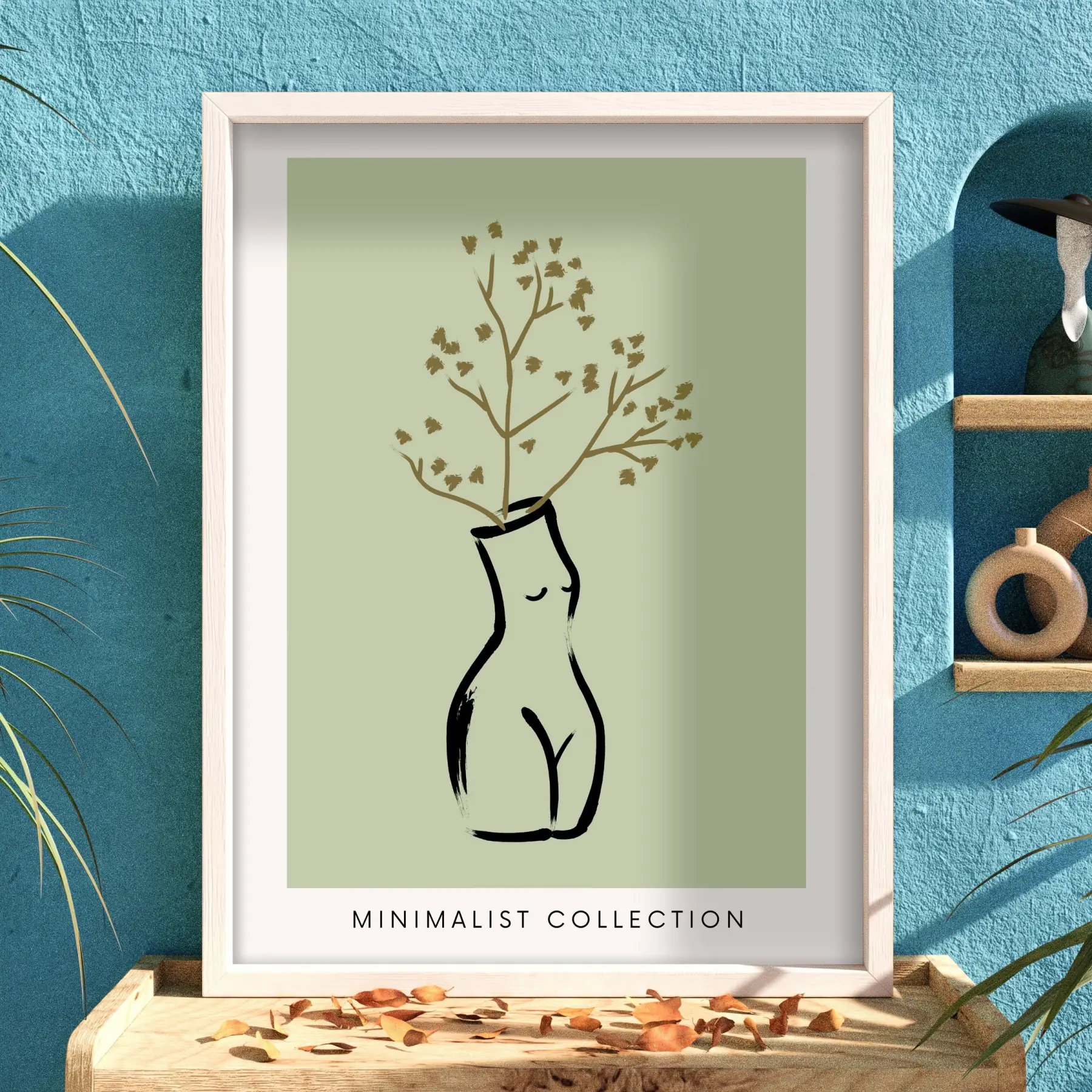 Zeytin Yeşili Minimal Silüet Beyaz Ahşap Çerçeveli Tablo Modern Sanat İç Mekan Yatak