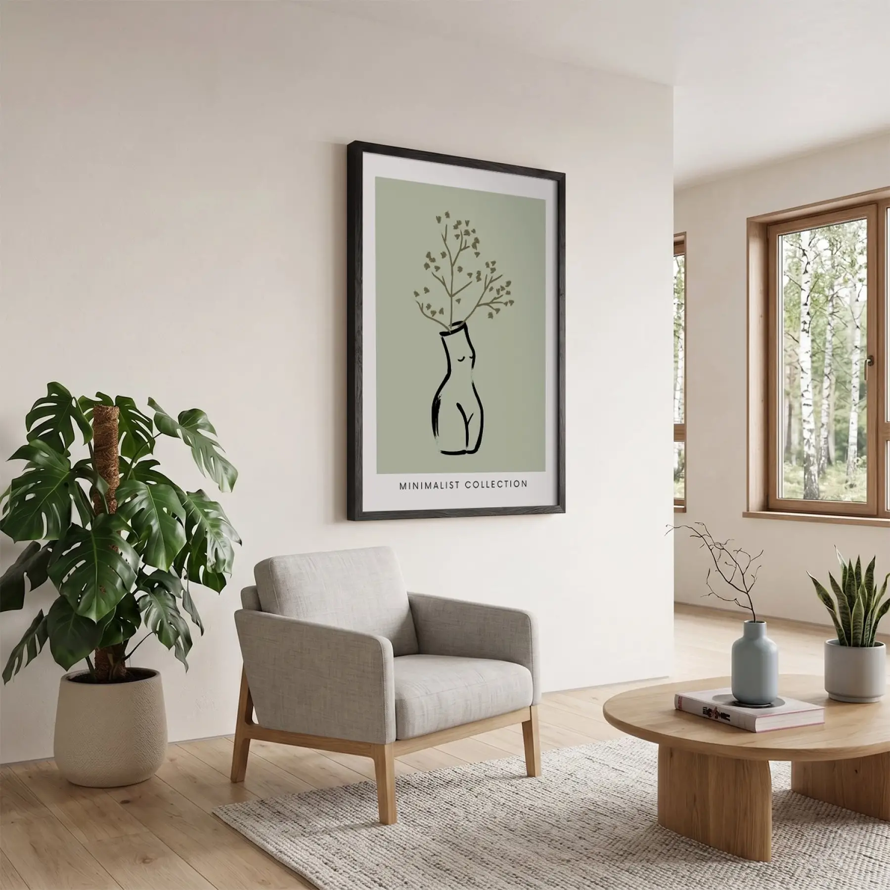 Zeytin Yeşili Minimal Silüet Siyah Ahşap Çerçeveli Tablo Yatak Koridor Ofis Kanvas Görünümlü
