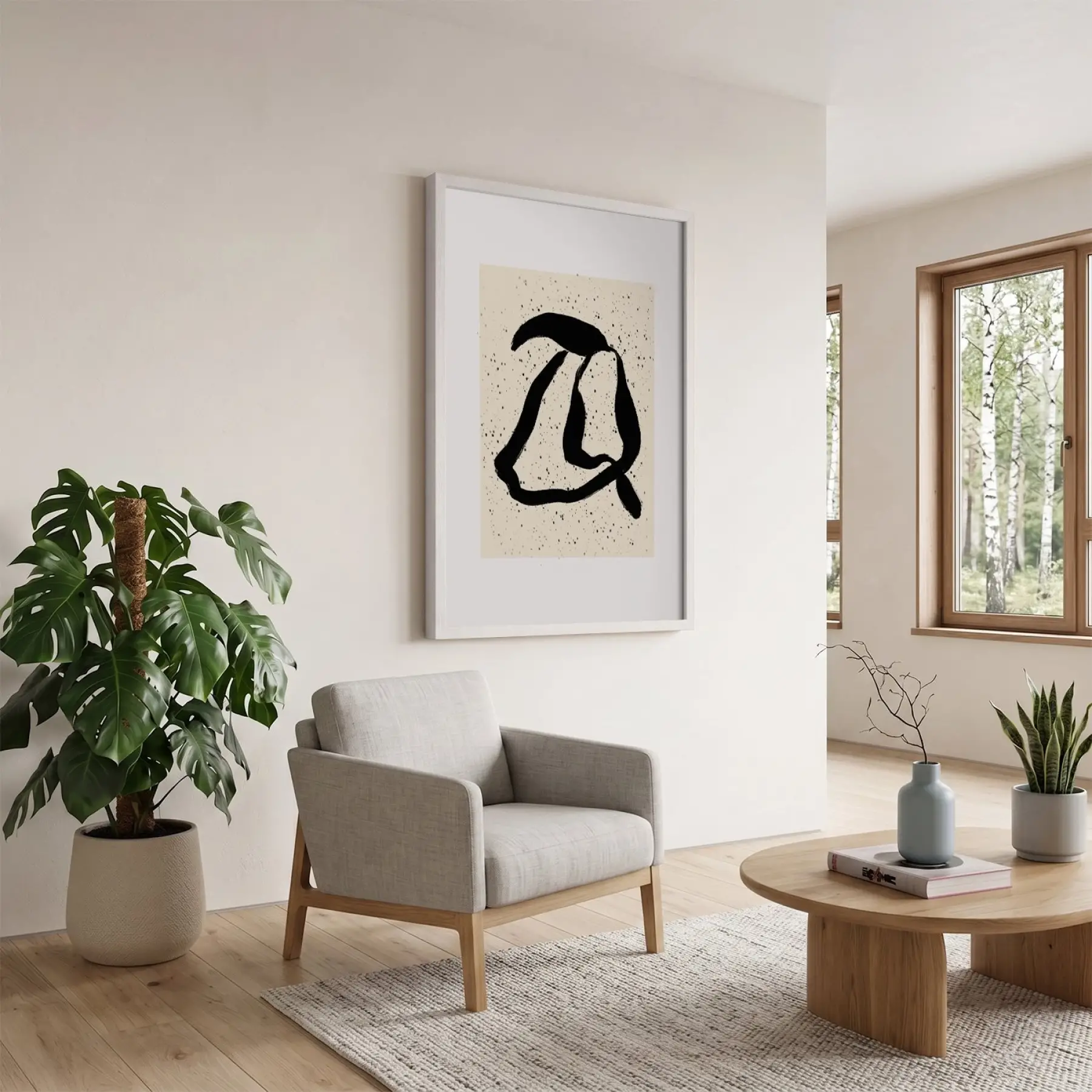 Akışkan Siyah Form Beyaz Ahşap Çerçeveli Tablo Odası Duvar Dekoru Poster Obje Ev