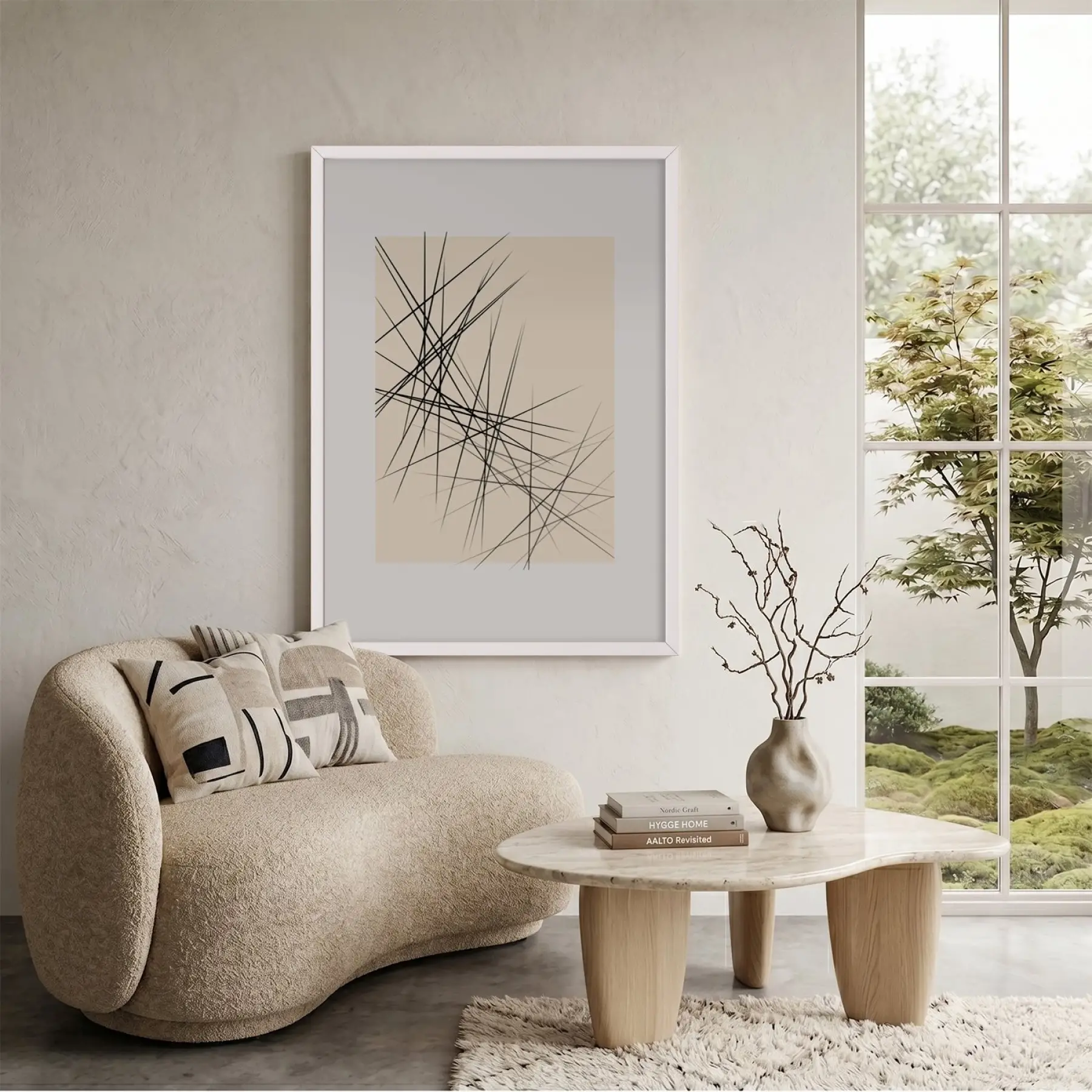 Kesişen Modern Çizgiler Beyaz Ahşap Çerçeveli Tablo Oturma Odası Duvar Dekoru Poster Obje