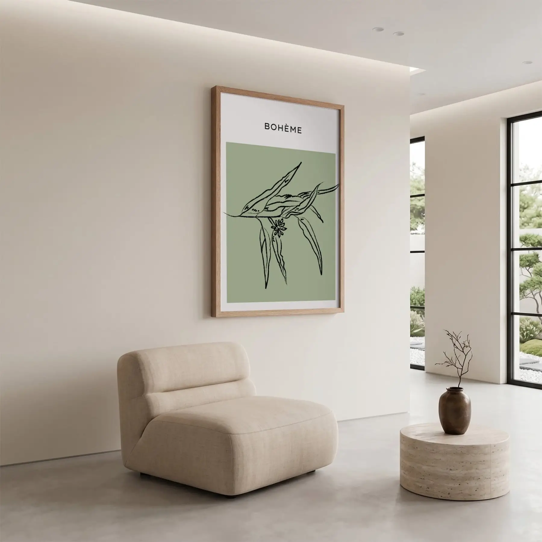 Adaçayı Minimal Yaprak Sanatı Doğal Ahşap Çerçeveli Tablo Koridor Ofis Kanvas Görünümlü Salon