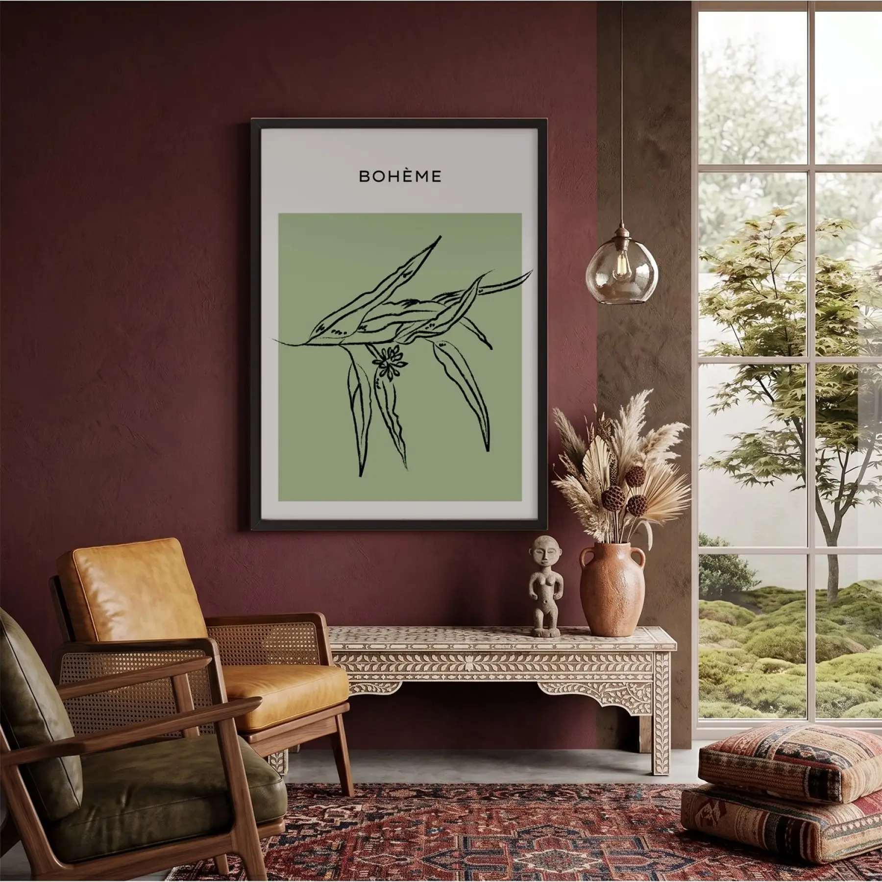 Adaçayı Minimal Yaprak Sanatı Siyah Ahşap Çerçeveli Tablo Modern Sanat İç Mekan Yatak