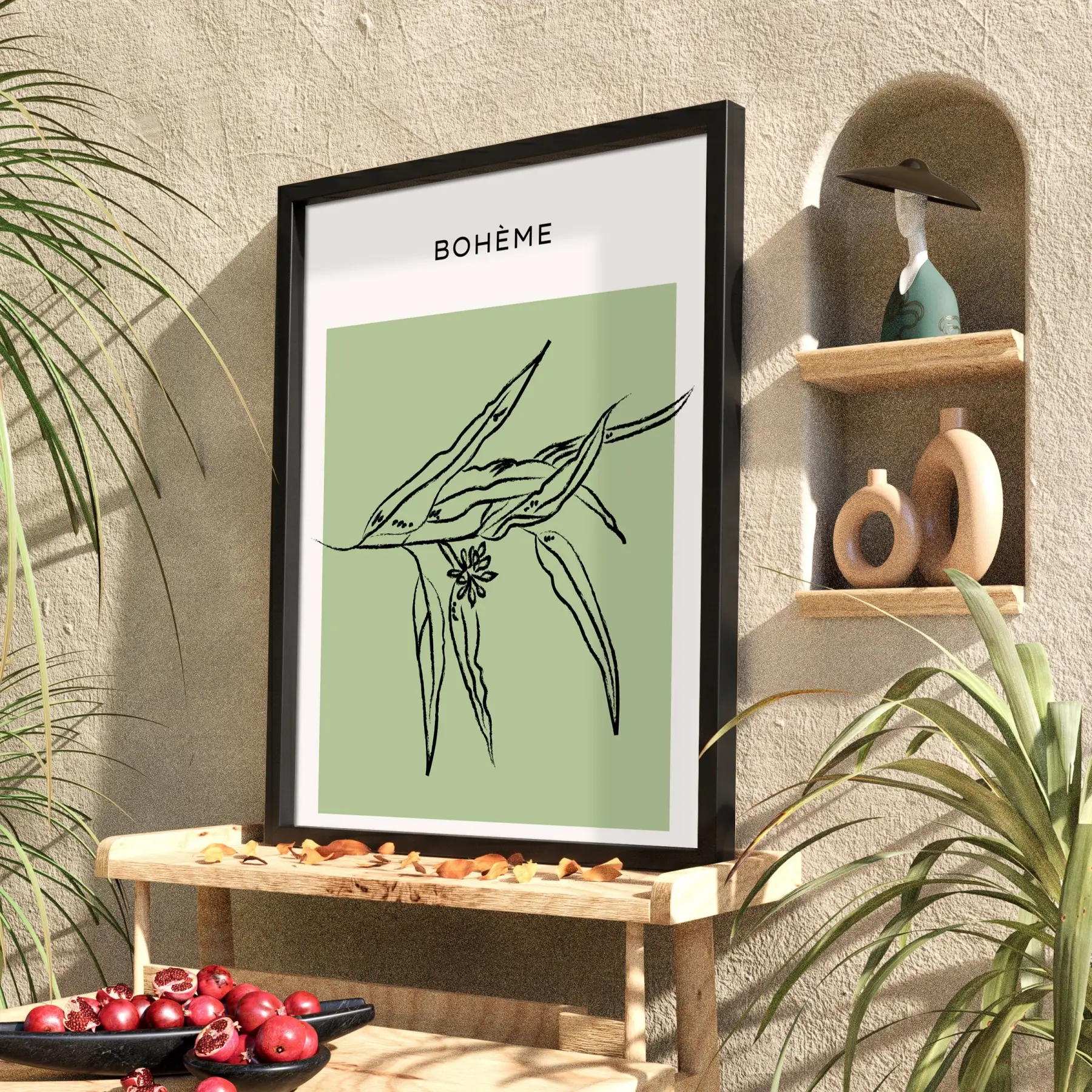 Adaçayı Minimal Yaprak Sanatı Siyah Ahşap Çerçeveli Tablo Modern Sanat İç Mekan Yatak