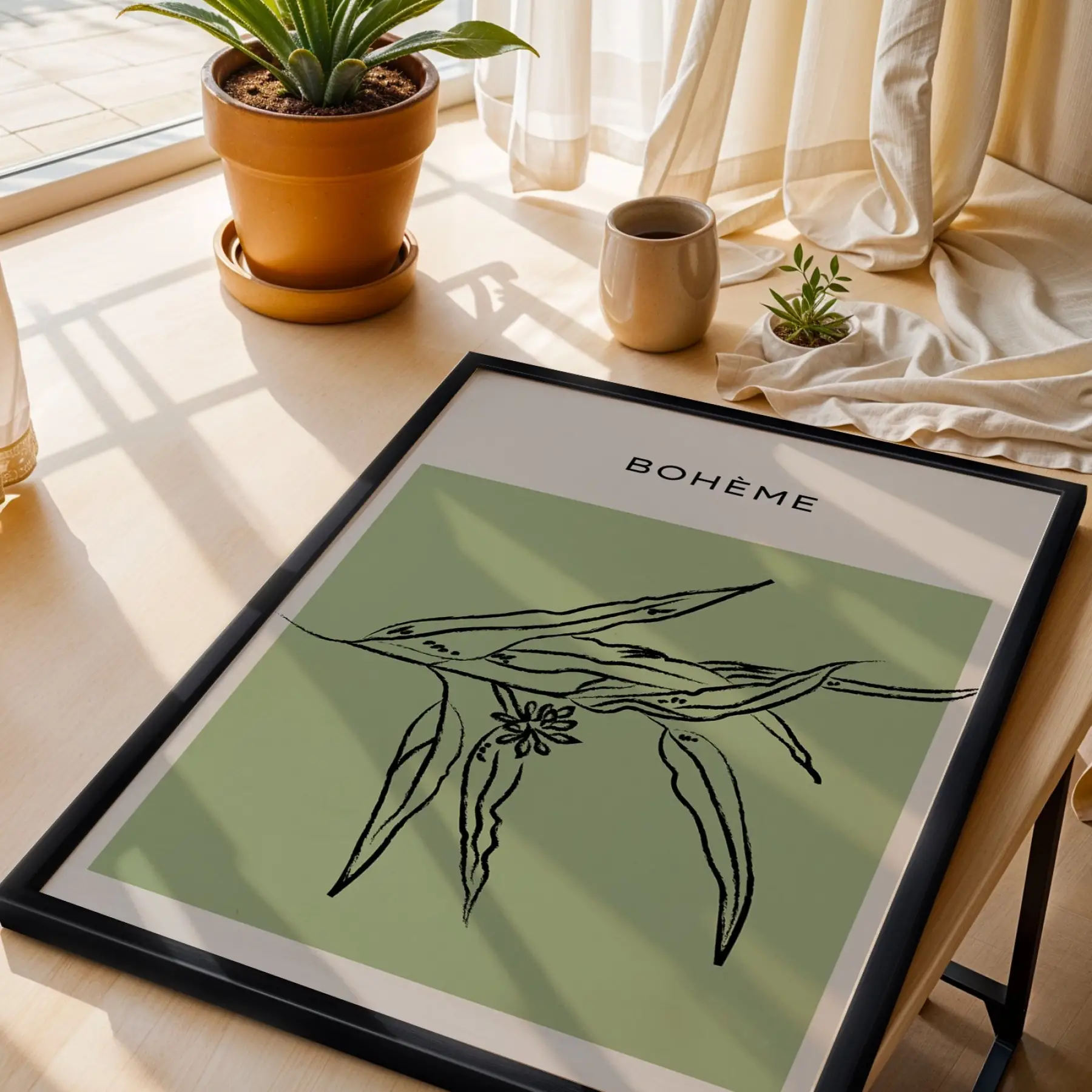Adaçayı Minimal Yaprak Sanatı Siyah Ahşap Çerçeveli Tablo Modern Sanat İç Mekan Yatak