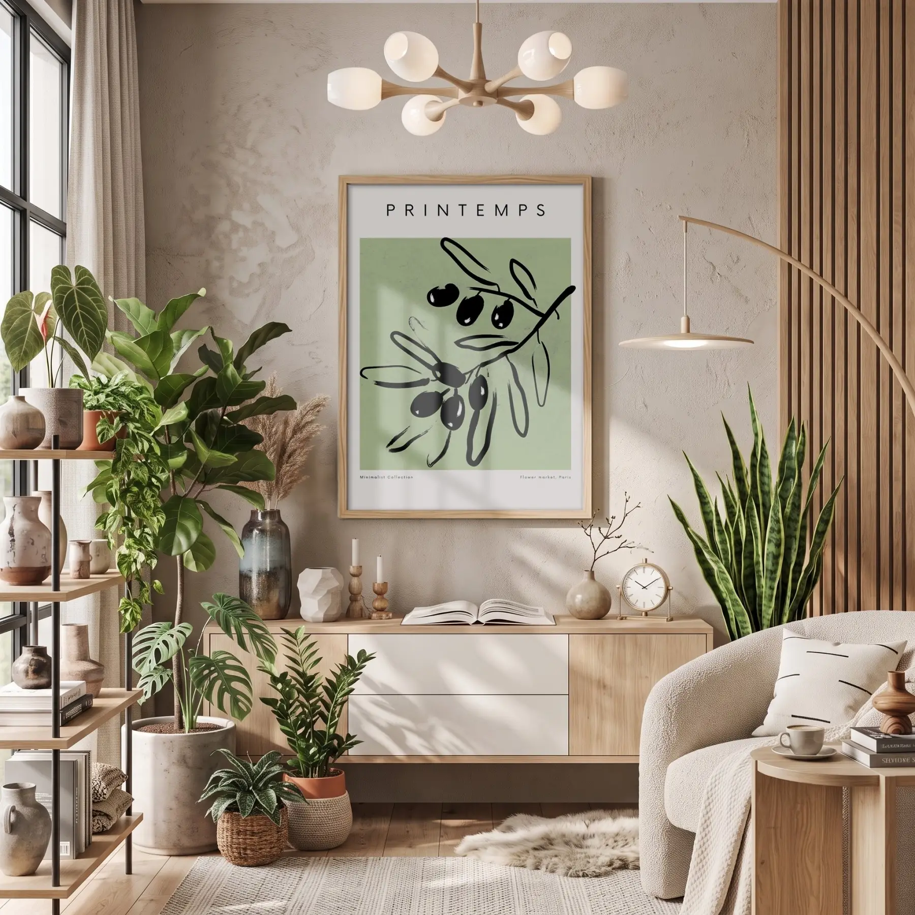 Adaçayı Zeytin Dalı Doğal Ahşap Çerçeveli Tablo Salon Oturma Odası Duvar Dekoru Poster