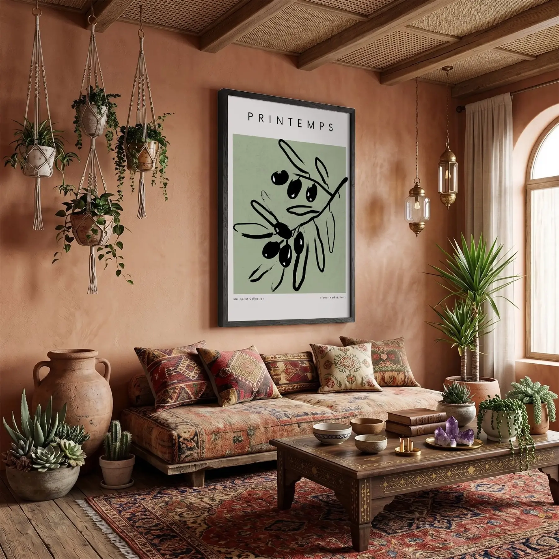 Adaçayı Zeytin Dalı Siyah Ahşap Çerçeveli Tablo Oturma Odası Duvar Dekoru Poster Obje