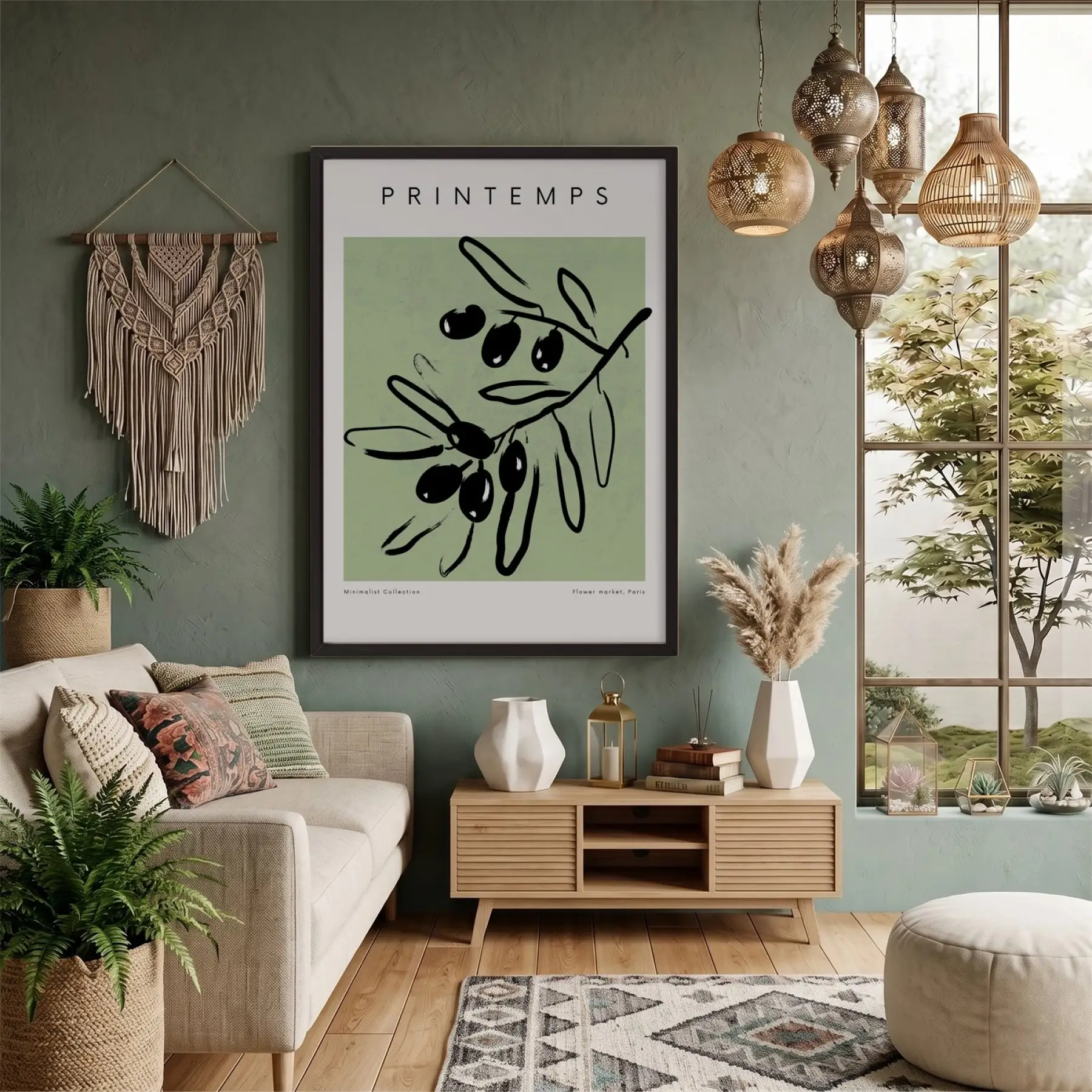 Adaçayı Zeytin Dalı Siyah Ahşap Çerçeveli Tablo Oturma Odası Duvar Dekoru Poster Obje