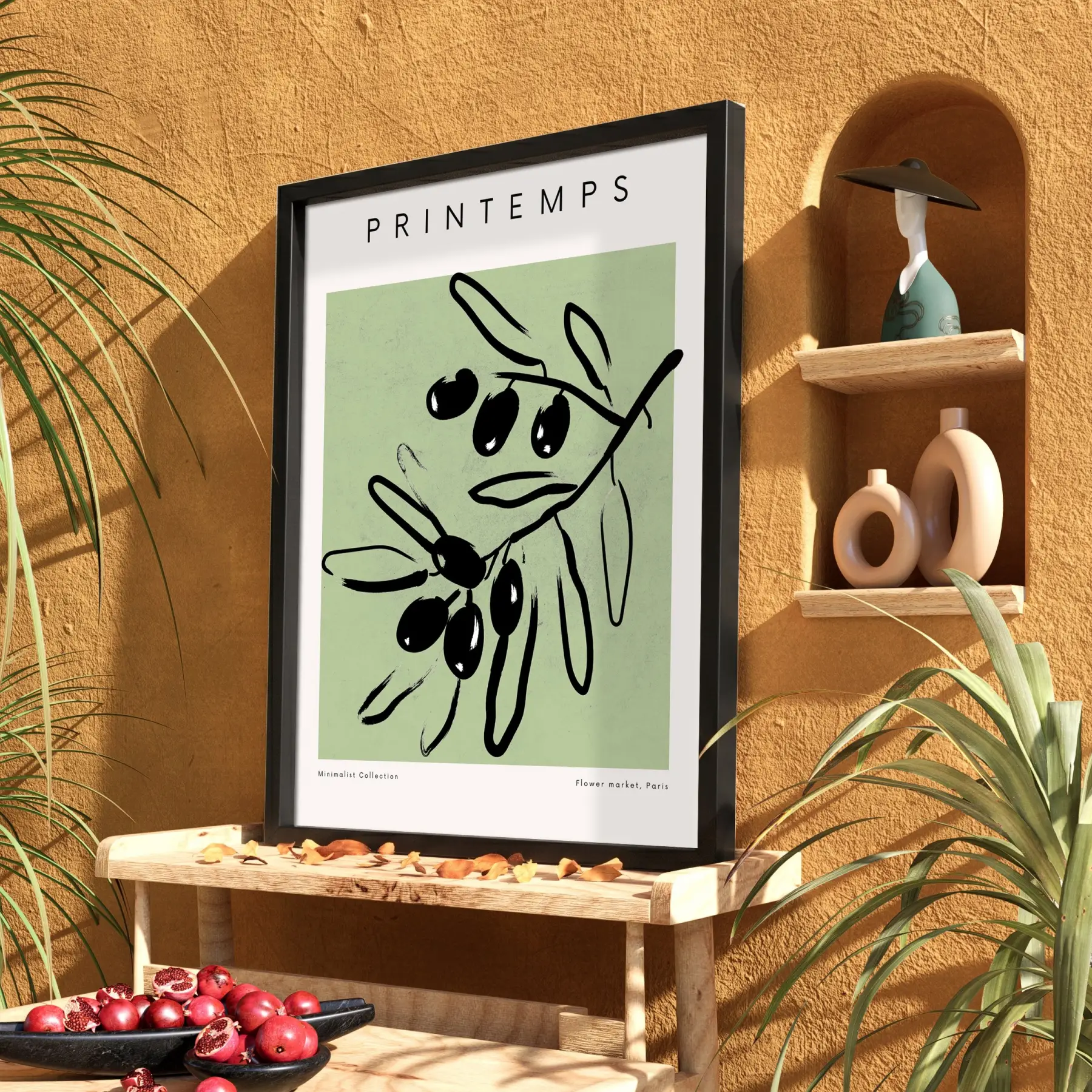 Adaçayı Zeytin Dalı Siyah Ahşap Çerçeveli Tablo Oturma Odası Duvar Dekoru Poster Obje