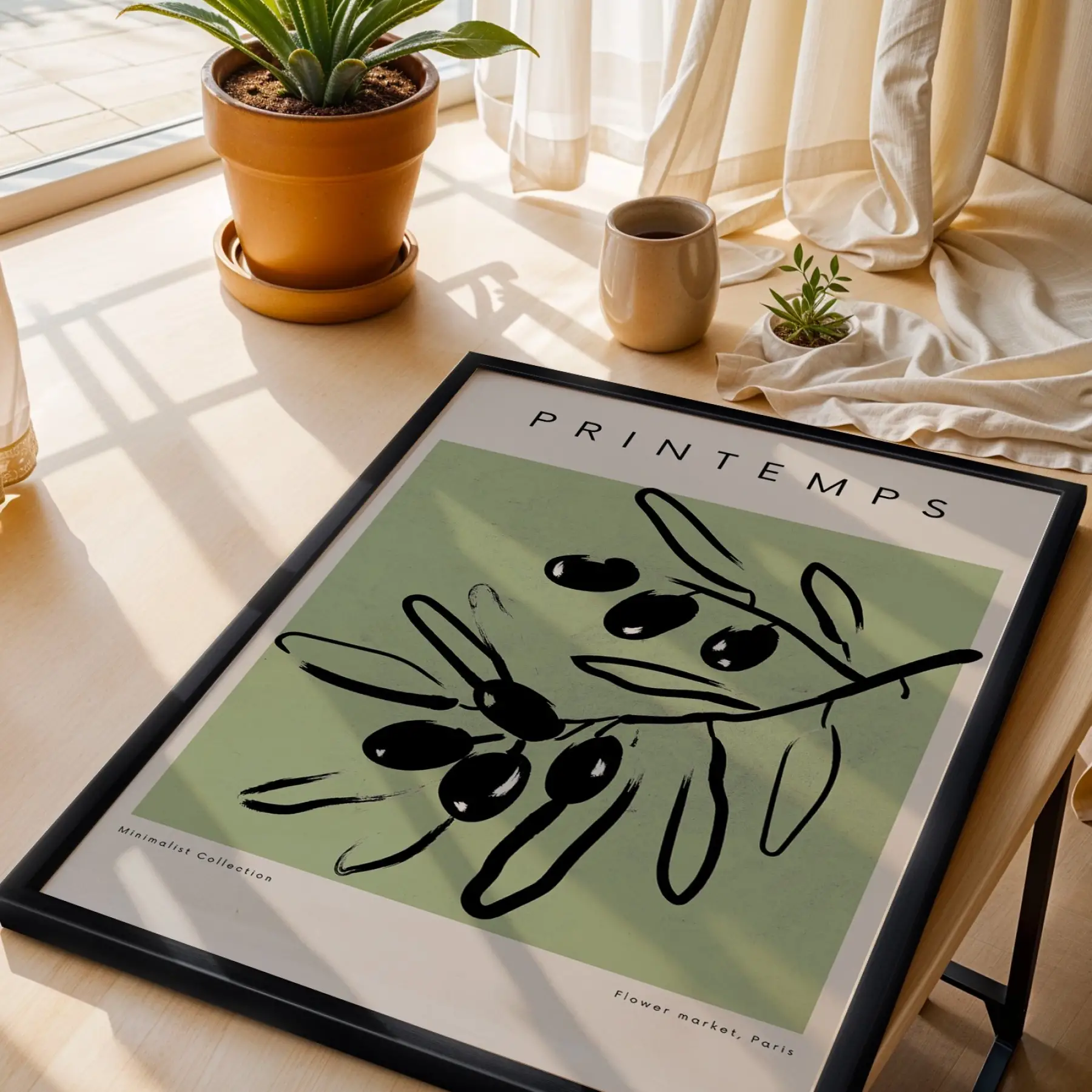 Adaçayı Zeytin Dalı Siyah Ahşap Çerçeveli Tablo Oturma Odası Duvar Dekoru Poster Obje