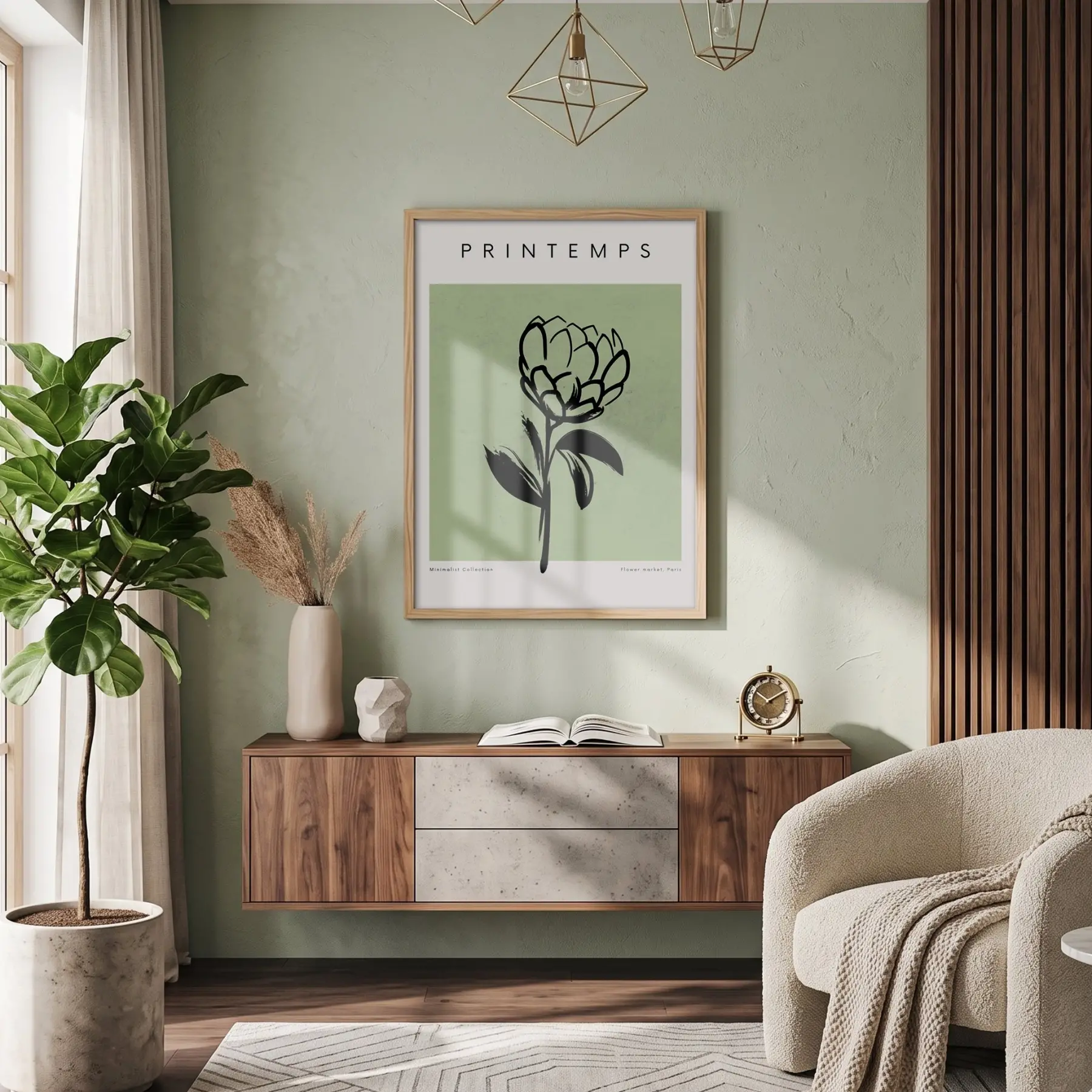 Minimalist Bahar Çizim Doğal Ahşap Çerçeveli Tablo Duvar Dekoru Poster Obje Ev Aksesuarları