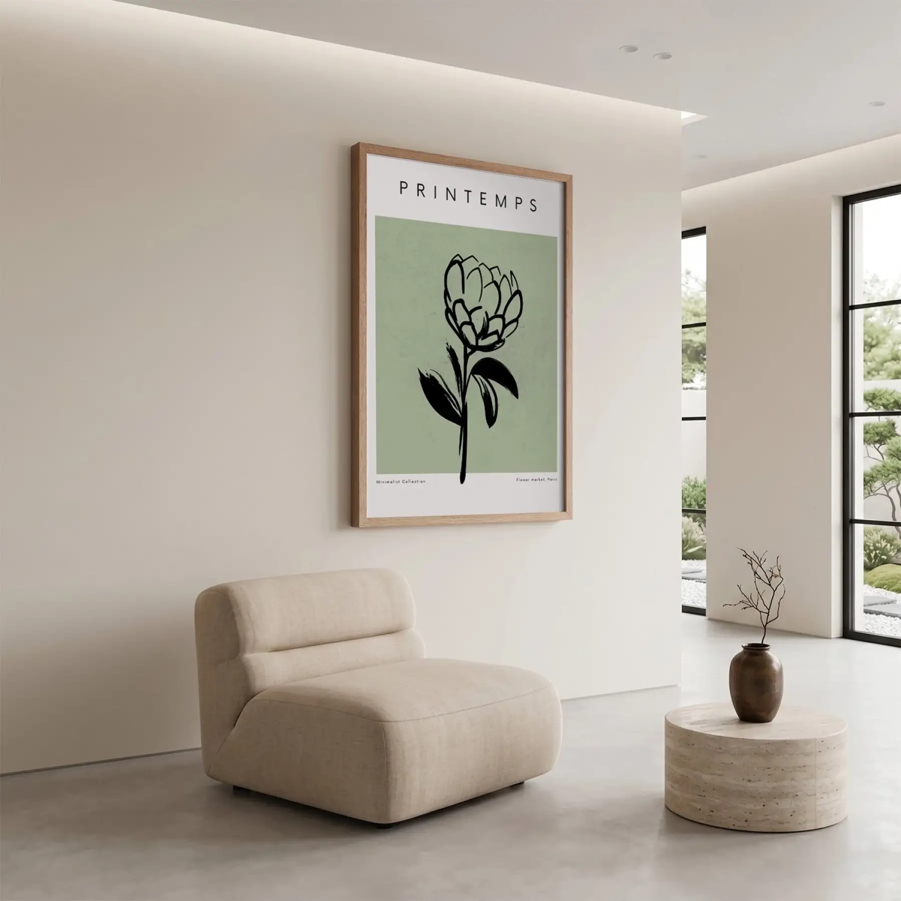 Minimalist Bahar Çizim Doğal Ahşap Çerçeveli Tablo Duvar Dekoru Poster Obje Ev Aksesuarları
