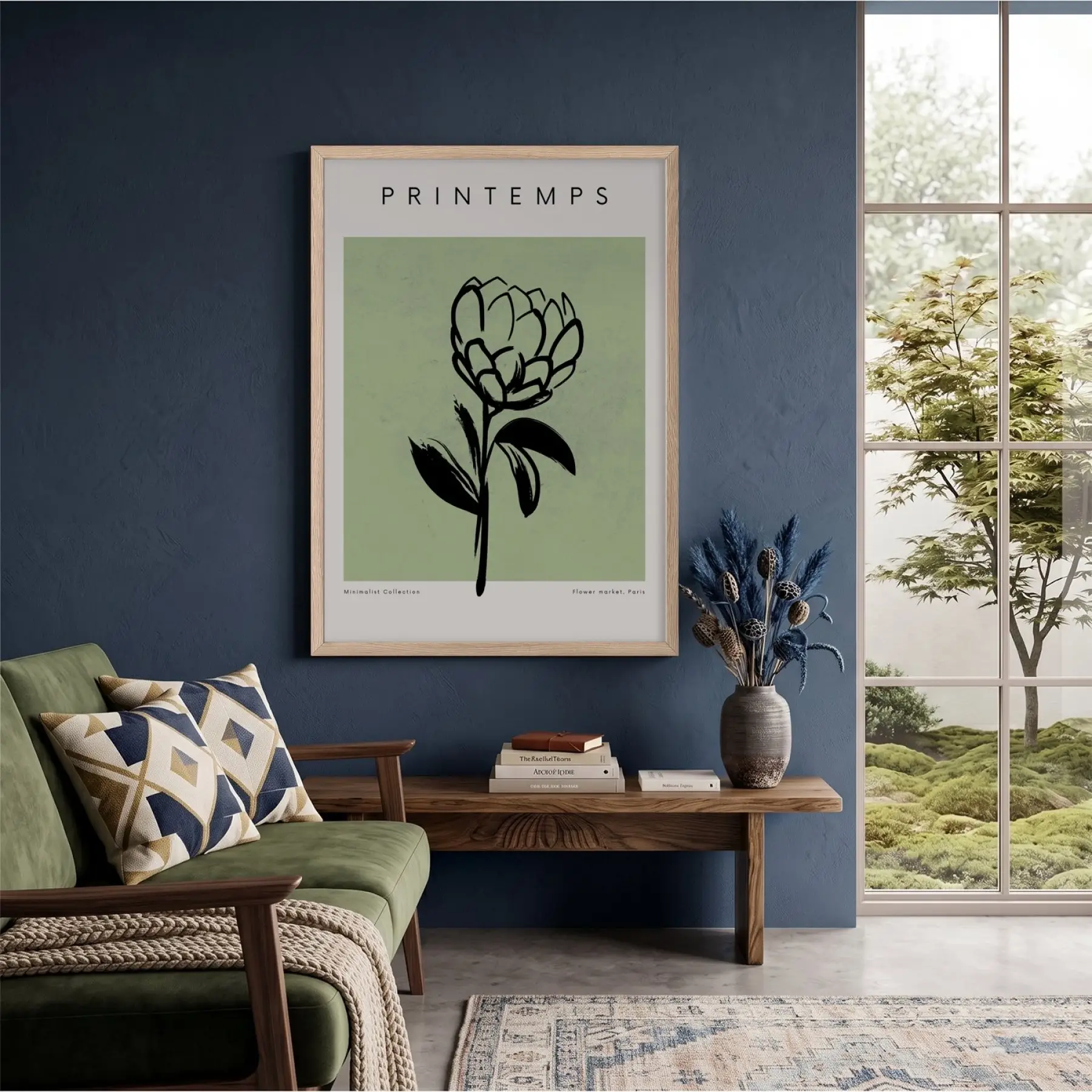 Minimalist Bahar Çizim Doğal Ahşap Çerçeveli Tablo Duvar Dekoru Poster Obje Ev Aksesuarları