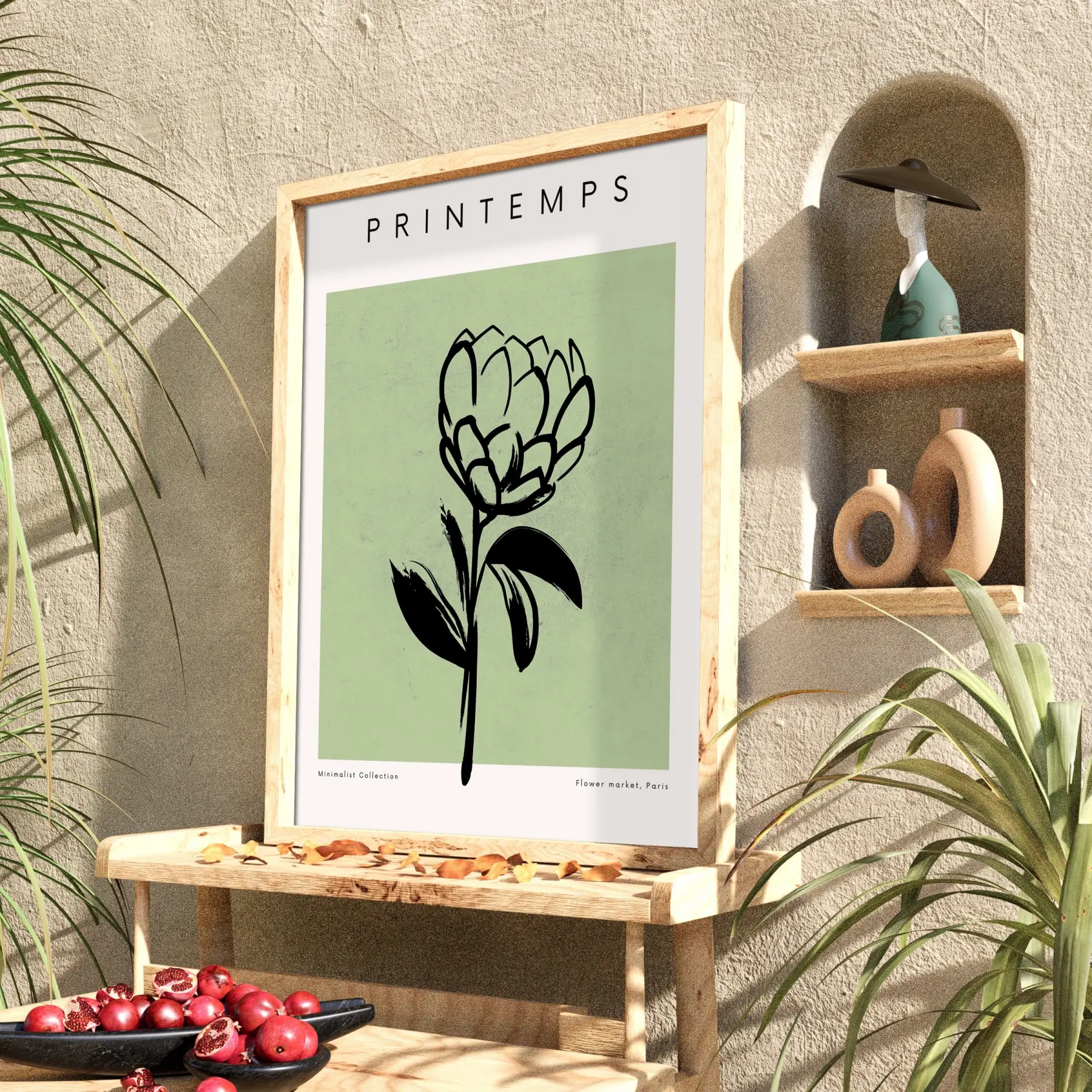 Minimalist Bahar Çizim Doğal Ahşap Çerçeveli Tablo Duvar Dekoru Poster Obje Ev Aksesuarları