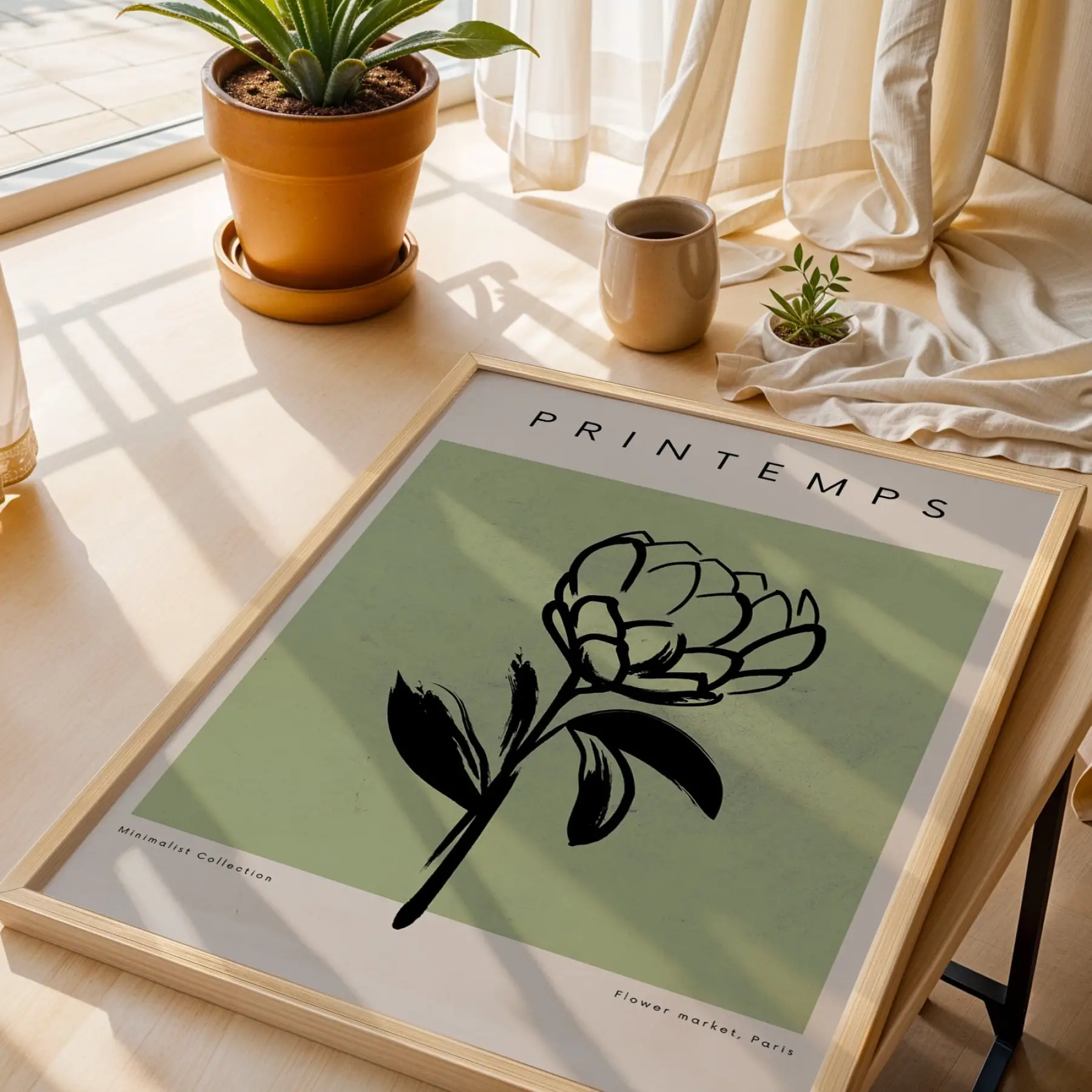 Minimalist Bahar Çizim Doğal Ahşap Çerçeveli Tablo Duvar Dekoru Poster Obje Ev Aksesuarları
