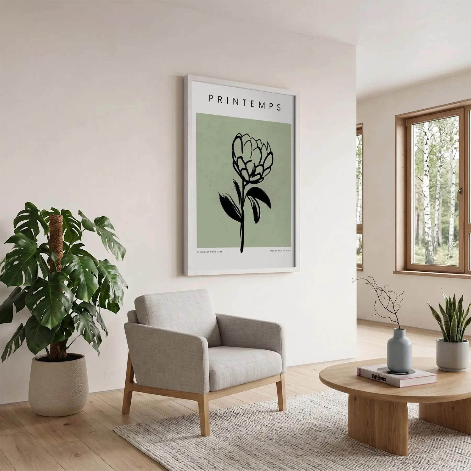Minimalist Bahar Çizim Beyaz Ahşap Çerçeveli Tablo Mekan Yatak Koridor Ofis Kanvas Görünümlü