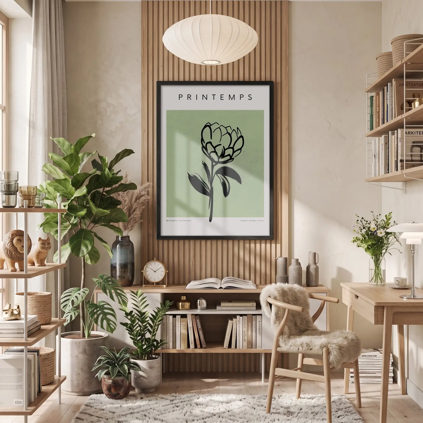 Minimalist Bahar Çizim Siyah Ahşap Çerçeveli Tablo Kanvas Görünümlü Salon Oturma Odası Duvar