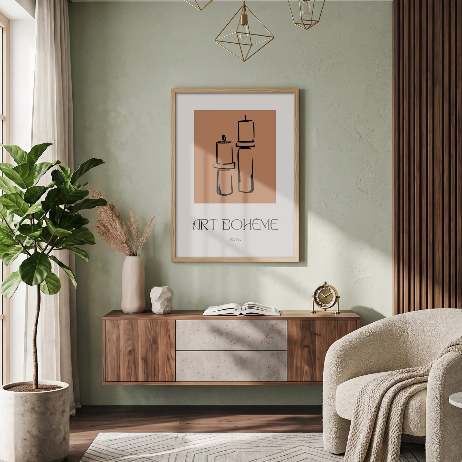 Bohem Mum Formları Doğal Ahşap Çerçeveli Tablo Salon Oturma Odası Duvar Dekoru Poster