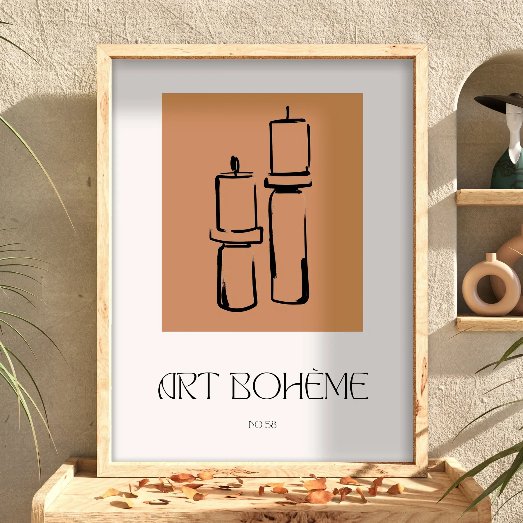 Bohem Mum Formları Doğal Ahşap Çerçeveli Tablo Salon Oturma Odası Duvar Dekoru Poster