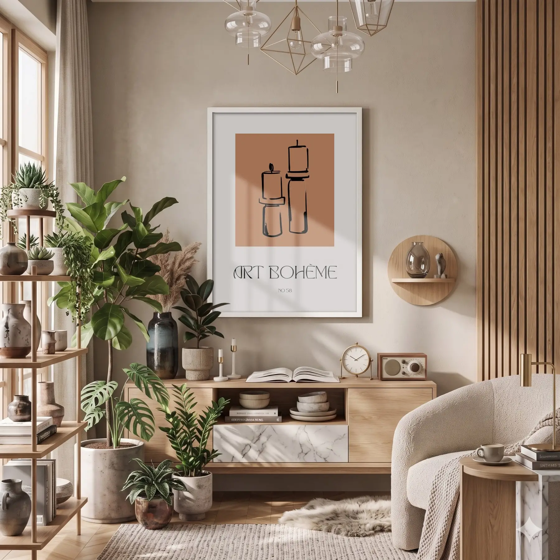 Bohem Mum Formları Beyaz Ahşap Çerçeveli Tablo Modern Sanat İç Mekan Yatak Koridor