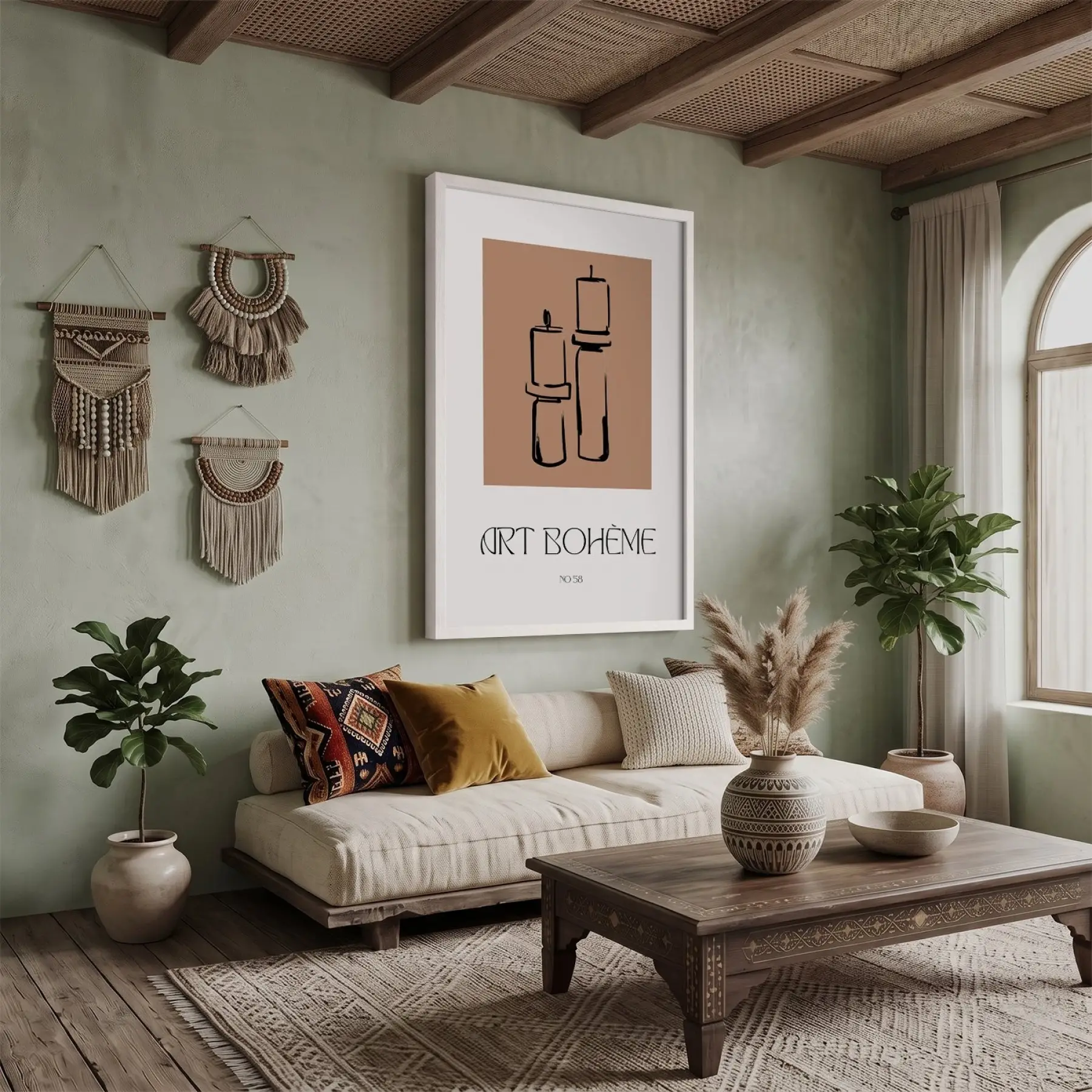 Bohem Mum Formları Beyaz Ahşap Çerçeveli Tablo Modern Sanat İç Mekan Yatak Koridor