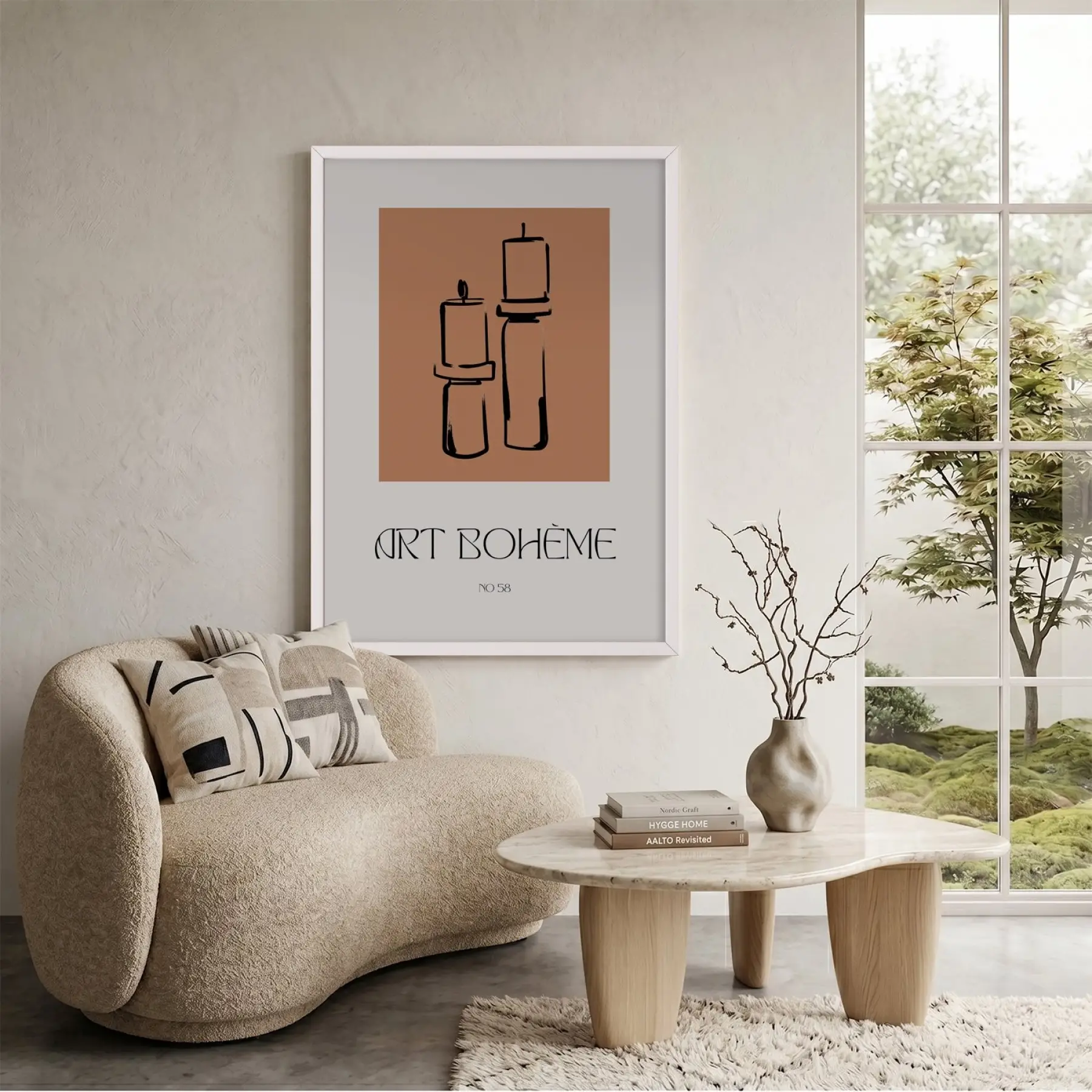 Bohem Mum Formları Beyaz Ahşap Çerçeveli Tablo Modern Sanat İç Mekan Yatak Koridor