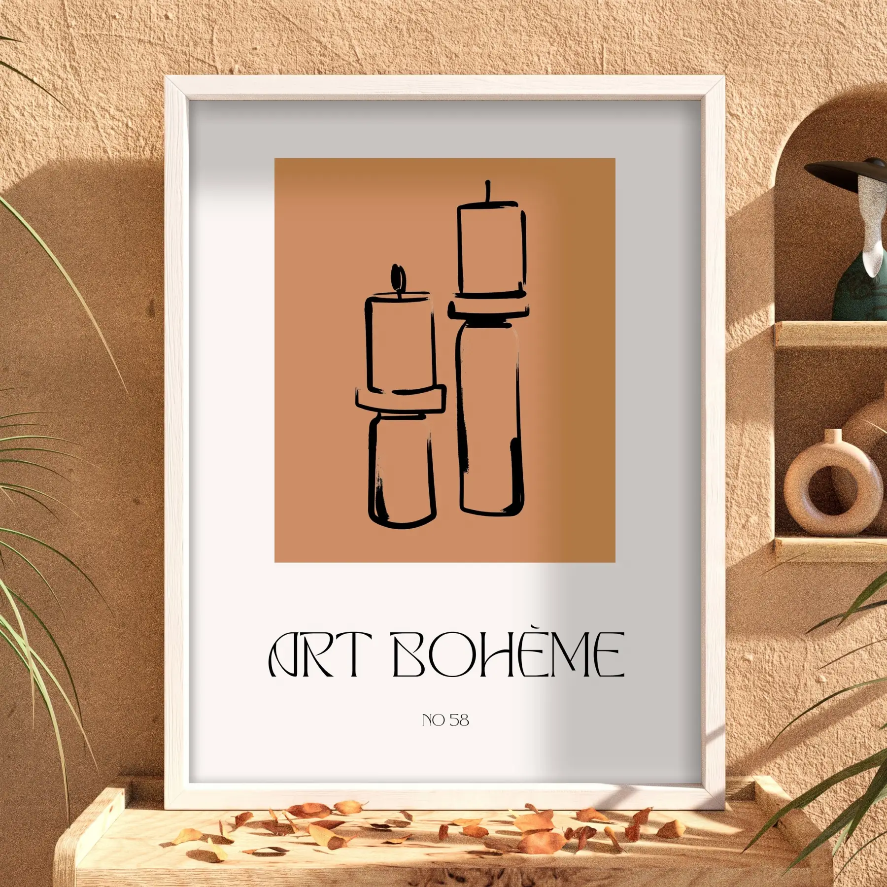 Bohem Mum Formları Beyaz Ahşap Çerçeveli Tablo Modern Sanat İç Mekan Yatak Koridor