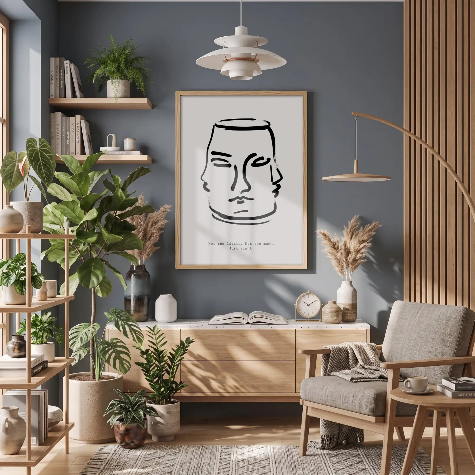 Dengeli Yüzler Çizgi Sanat Doğal Ahşap Çerçeveli Tablo İç Mekan Yatak Koridor Ofis