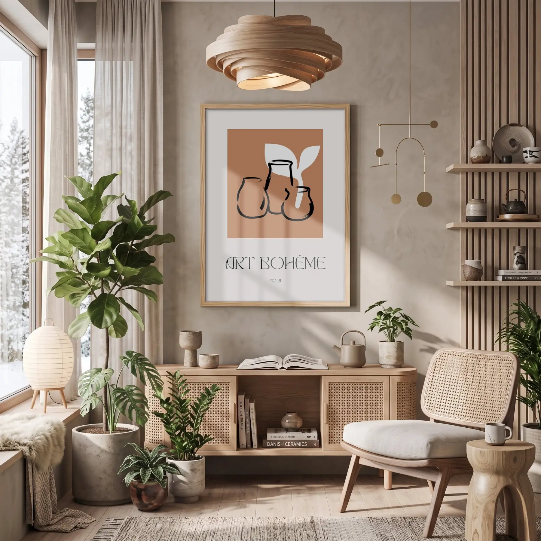 Bohem Terracotta Vazolar Doğal Ahşap Çerçeveli Tablo Ofis Kanvas Görünümlü Salon Oturma Odası