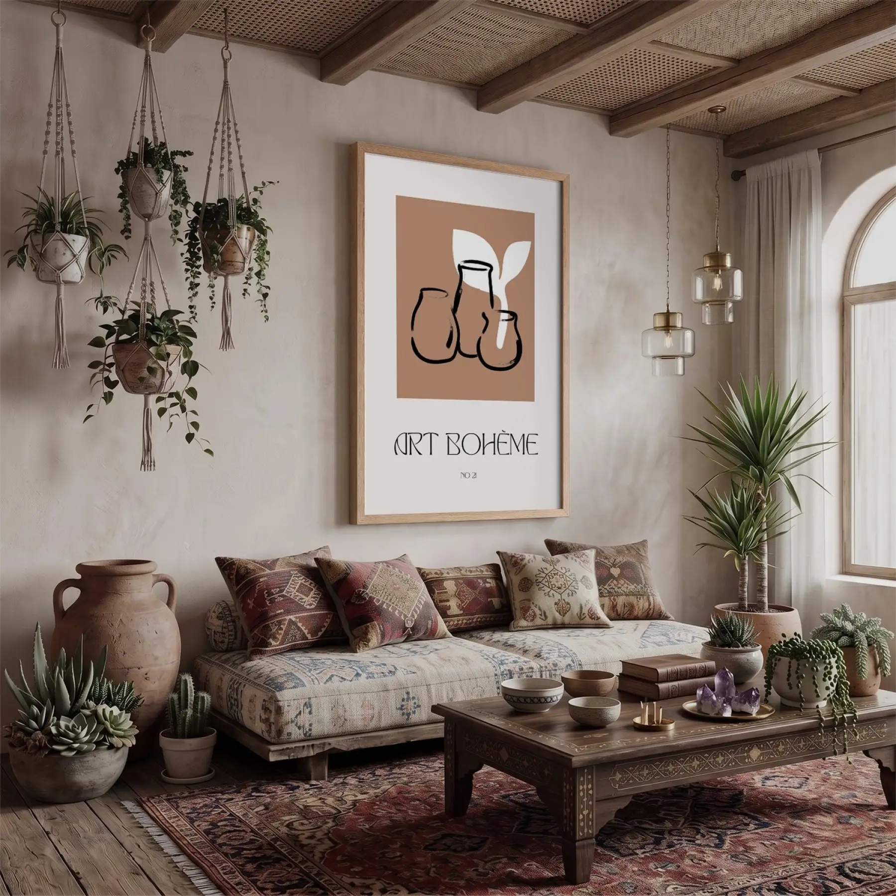 Bohem Terracotta Vazolar Doğal Ahşap Çerçeveli Tablo Ofis Kanvas Görünümlü Salon Oturma Odası