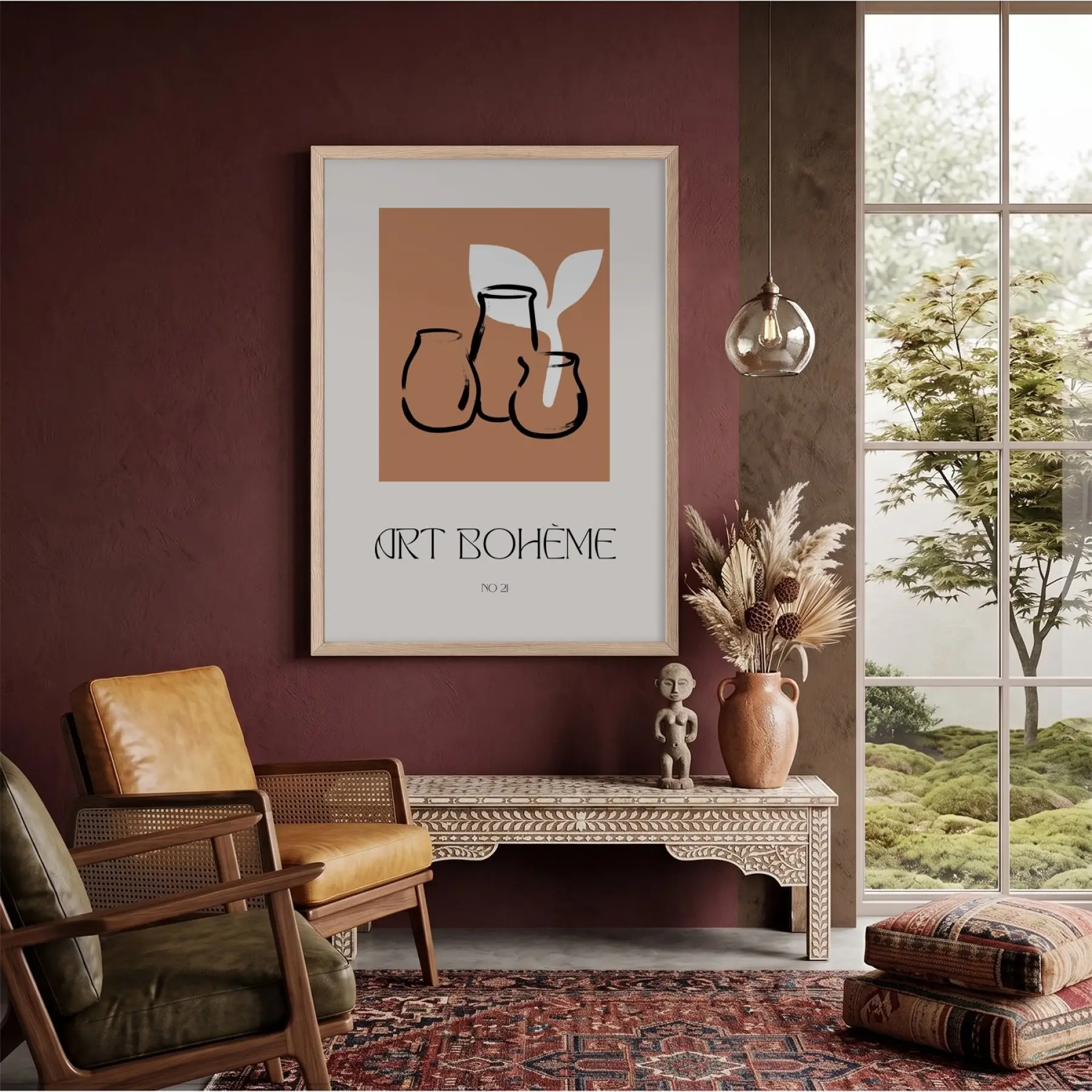 Bohem Terracotta Vazolar Doğal Ahşap Çerçeveli Tablo Ofis Kanvas Görünümlü Salon Oturma Odası