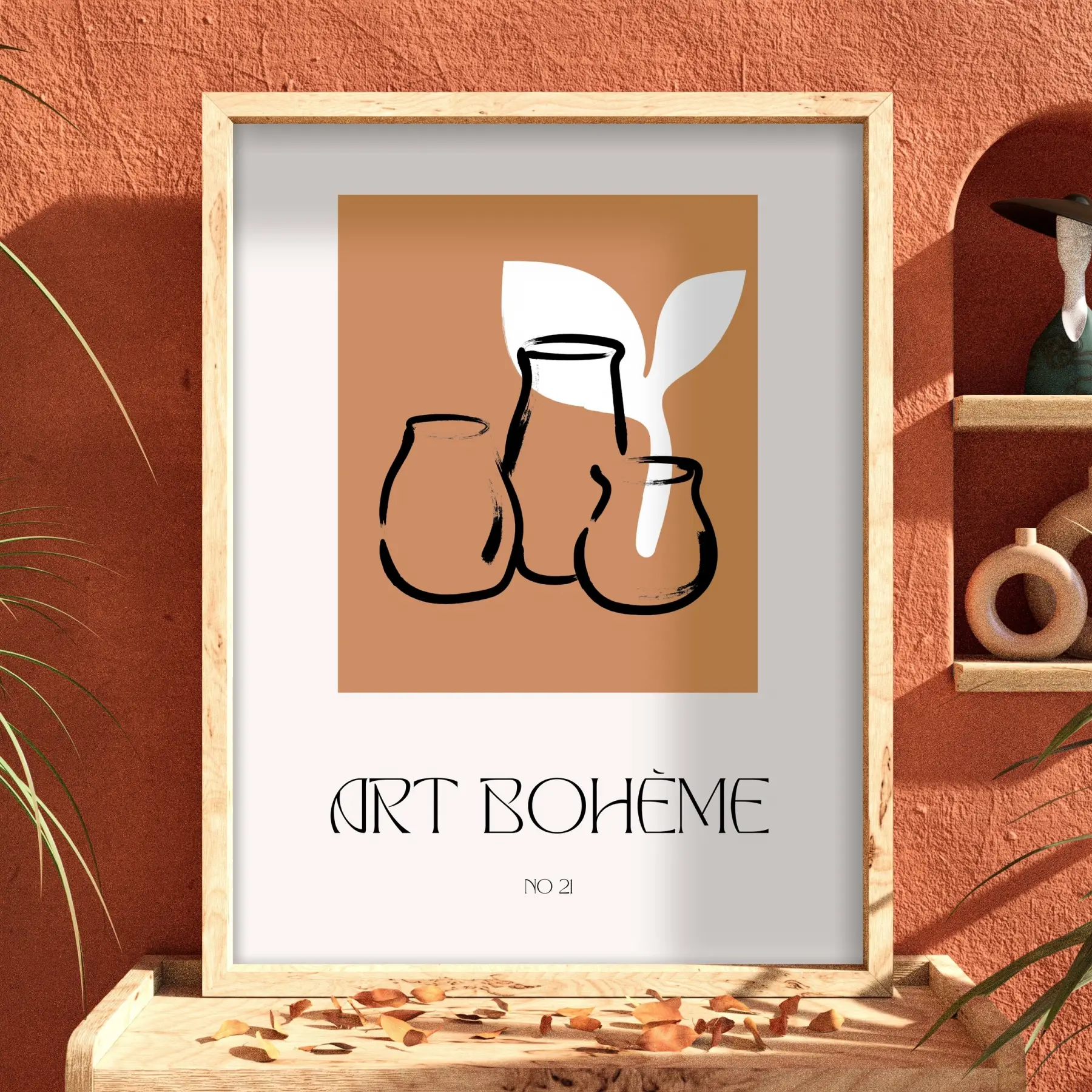 Bohem Terracotta Vazolar Doğal Ahşap Çerçeveli Tablo Ofis Kanvas Görünümlü Salon Oturma Odası