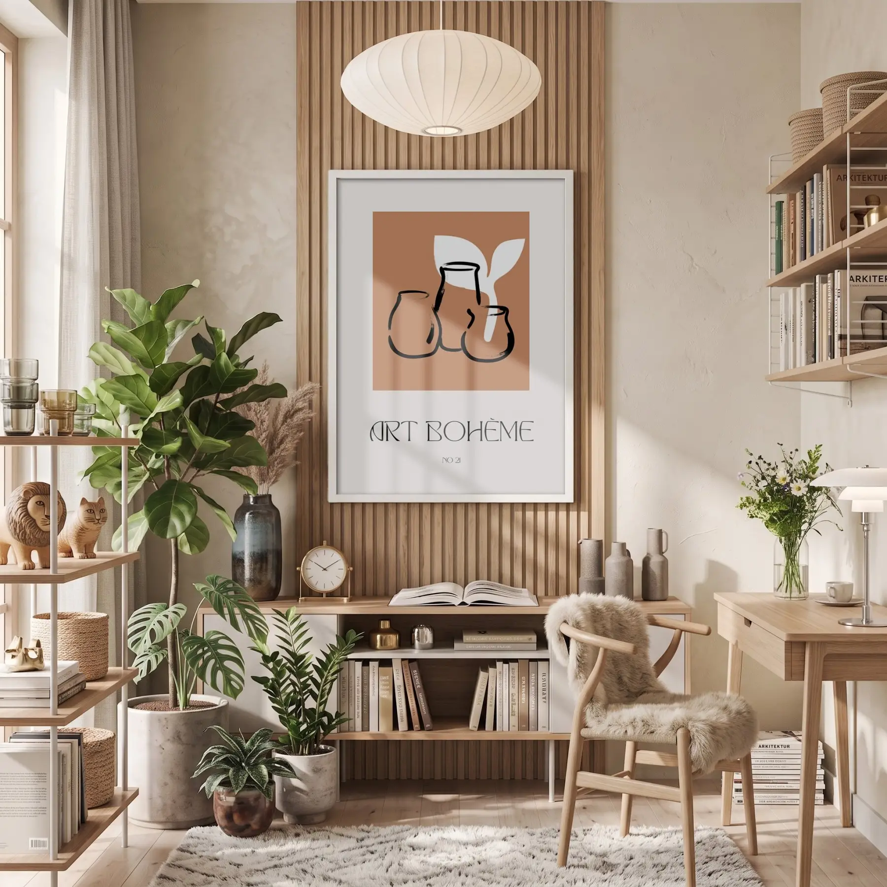 Bohem Terracotta Vazolar Beyaz Ahşap Çerçeveli Tablo Oturma Odası Duvar Dekoru Poster Obje