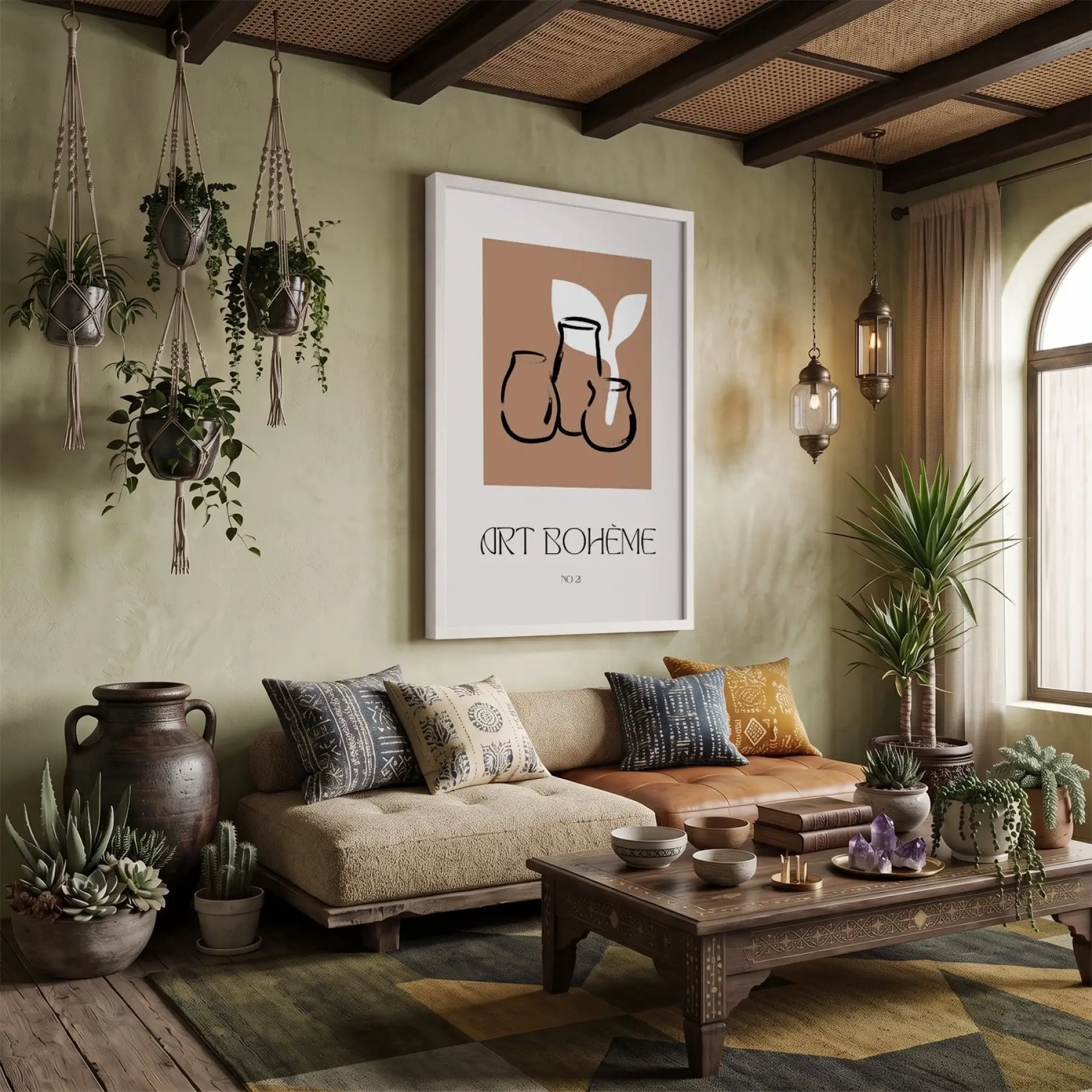 Bohem Terracotta Vazolar Beyaz Ahşap Çerçeveli Tablo Oturma Odası Duvar Dekoru Poster Obje