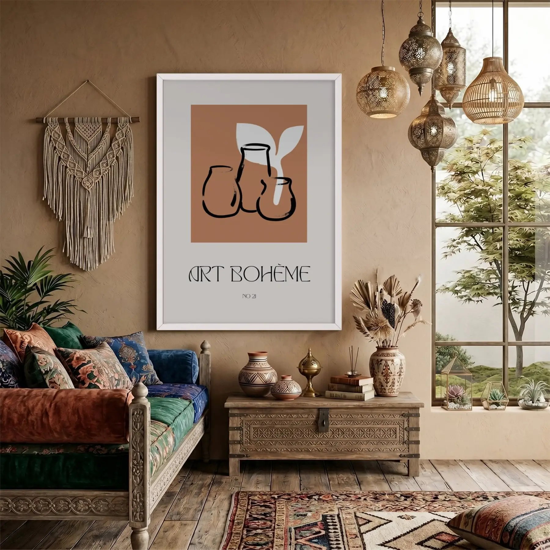 Bohem Terracotta Vazolar Beyaz Ahşap Çerçeveli Tablo Oturma Odası Duvar Dekoru Poster Obje