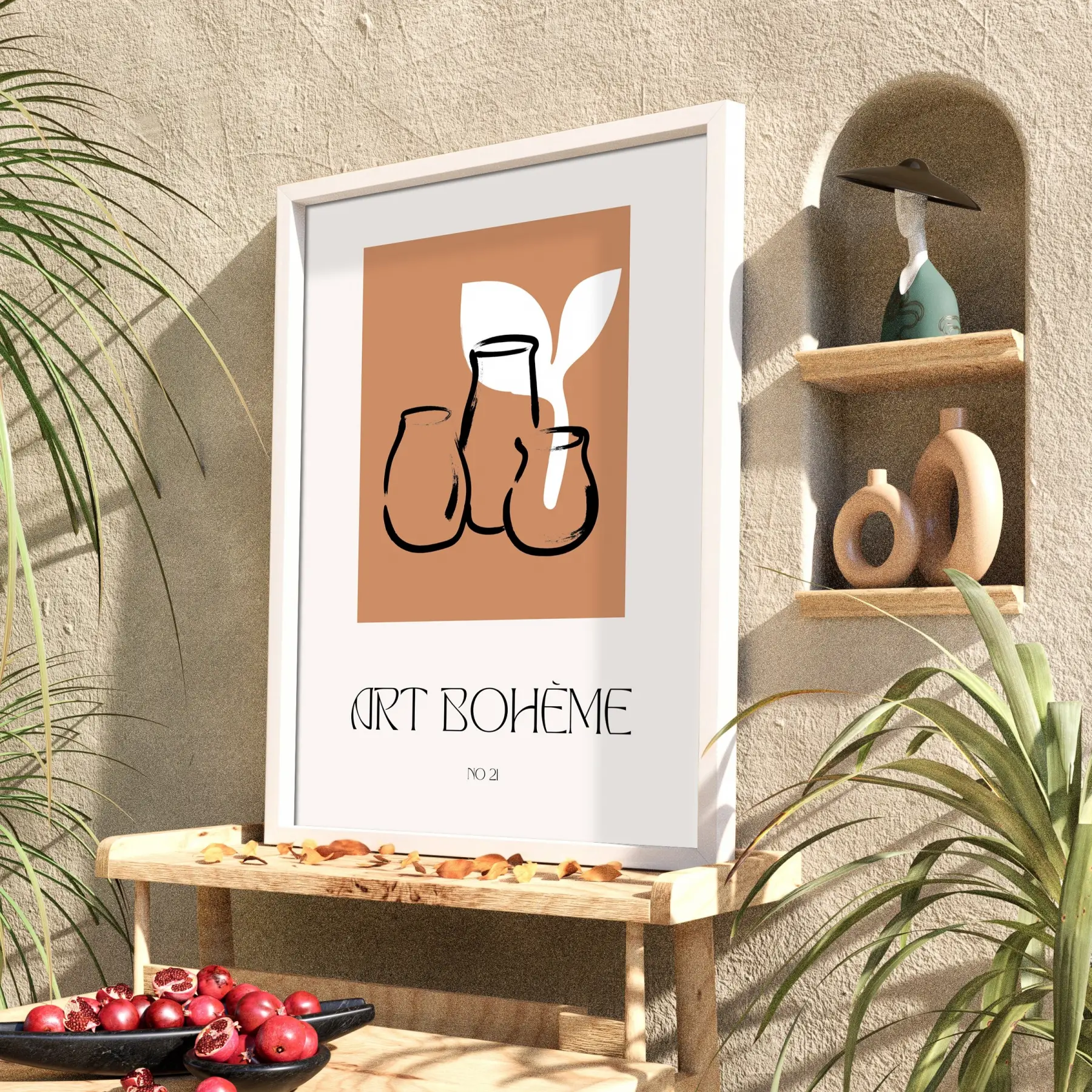 Bohem Terracotta Vazolar Beyaz Ahşap Çerçeveli Tablo Oturma Odası Duvar Dekoru Poster Obje