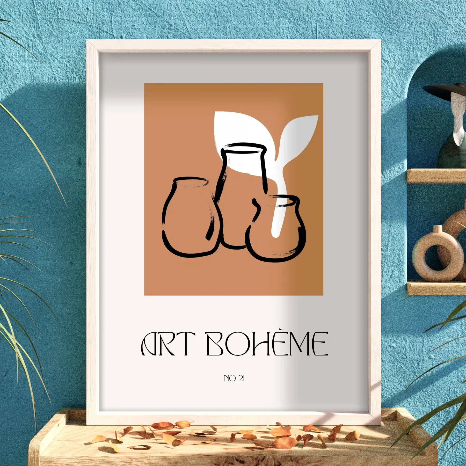 Bohem Terracotta Vazolar Beyaz Ahşap Çerçeveli Tablo Oturma Odası Duvar Dekoru Poster Obje
