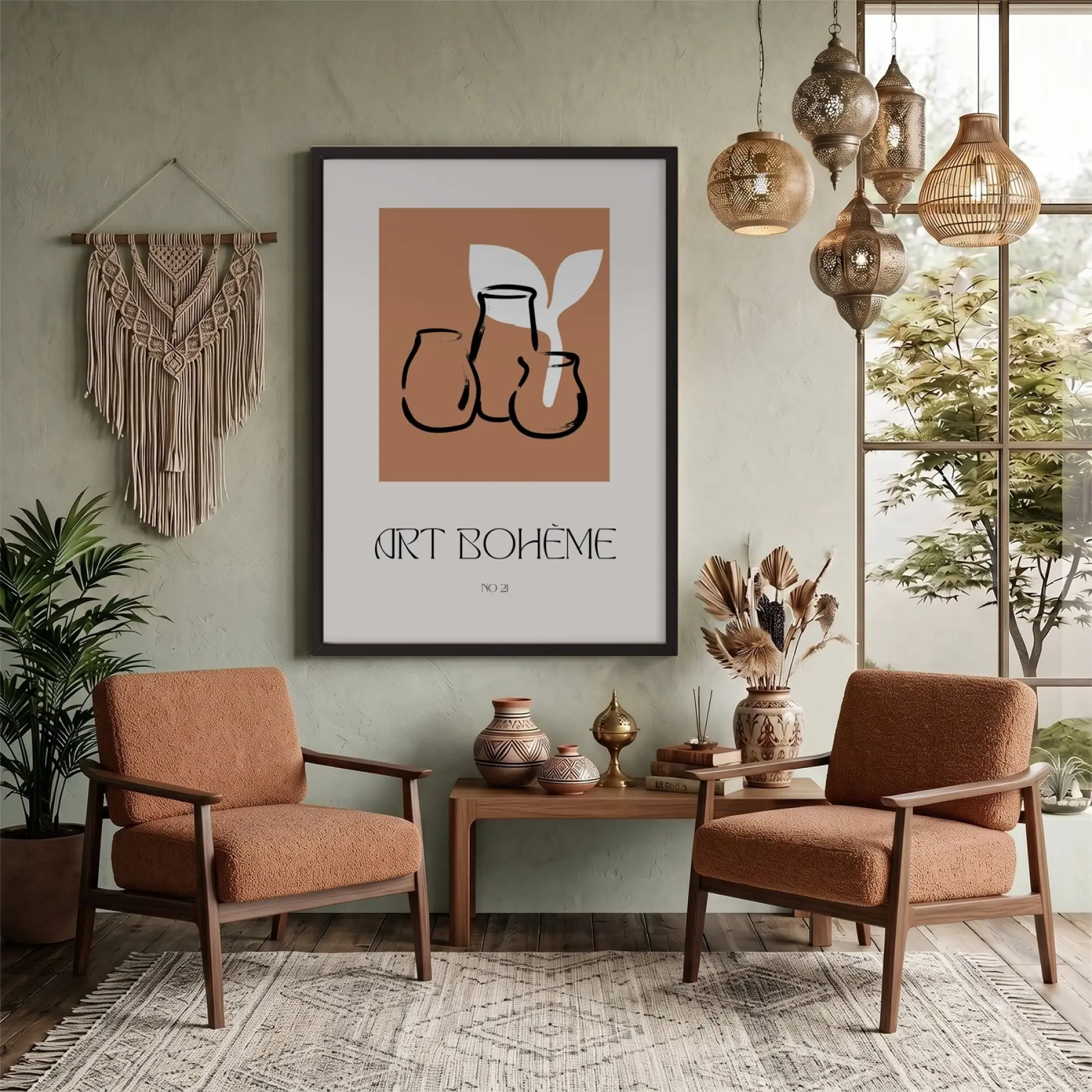 Bohem Terracotta Vazolar Siyah Ahşap Çerçeveli Tablo Modern Sanat İç Mekan Yatak Koridor