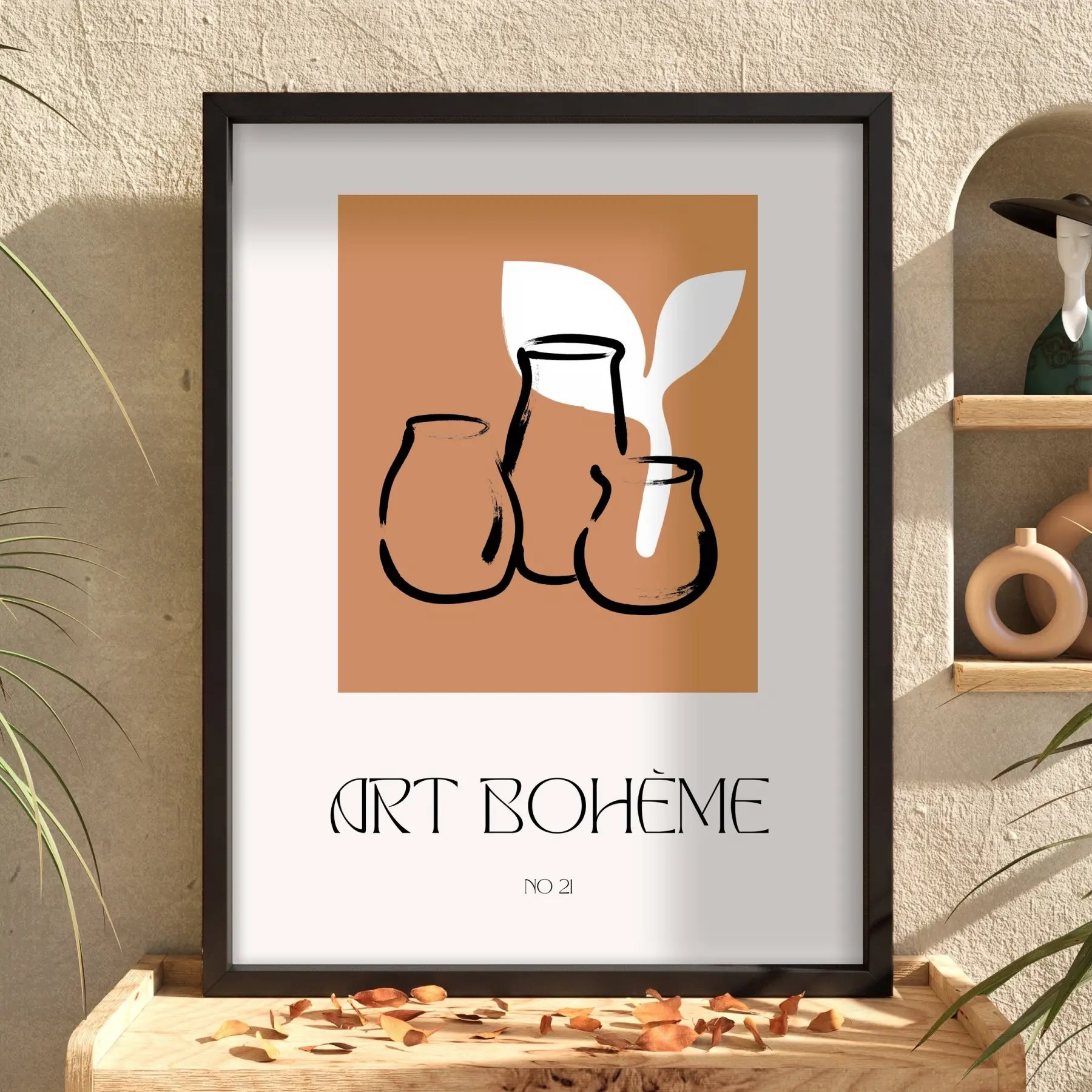 Bohem Terracotta Vazolar Siyah Ahşap Çerçeveli Tablo Modern Sanat İç Mekan Yatak Koridor
