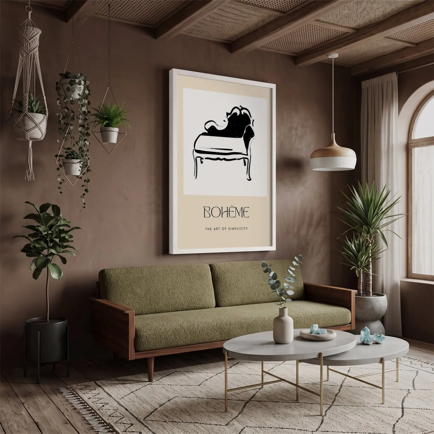 Bohem Koltuk Çizimi Beyaz Ahşap Çerçeveli Tablo Dekoru Poster Obje Ev Aksesuarları Modern