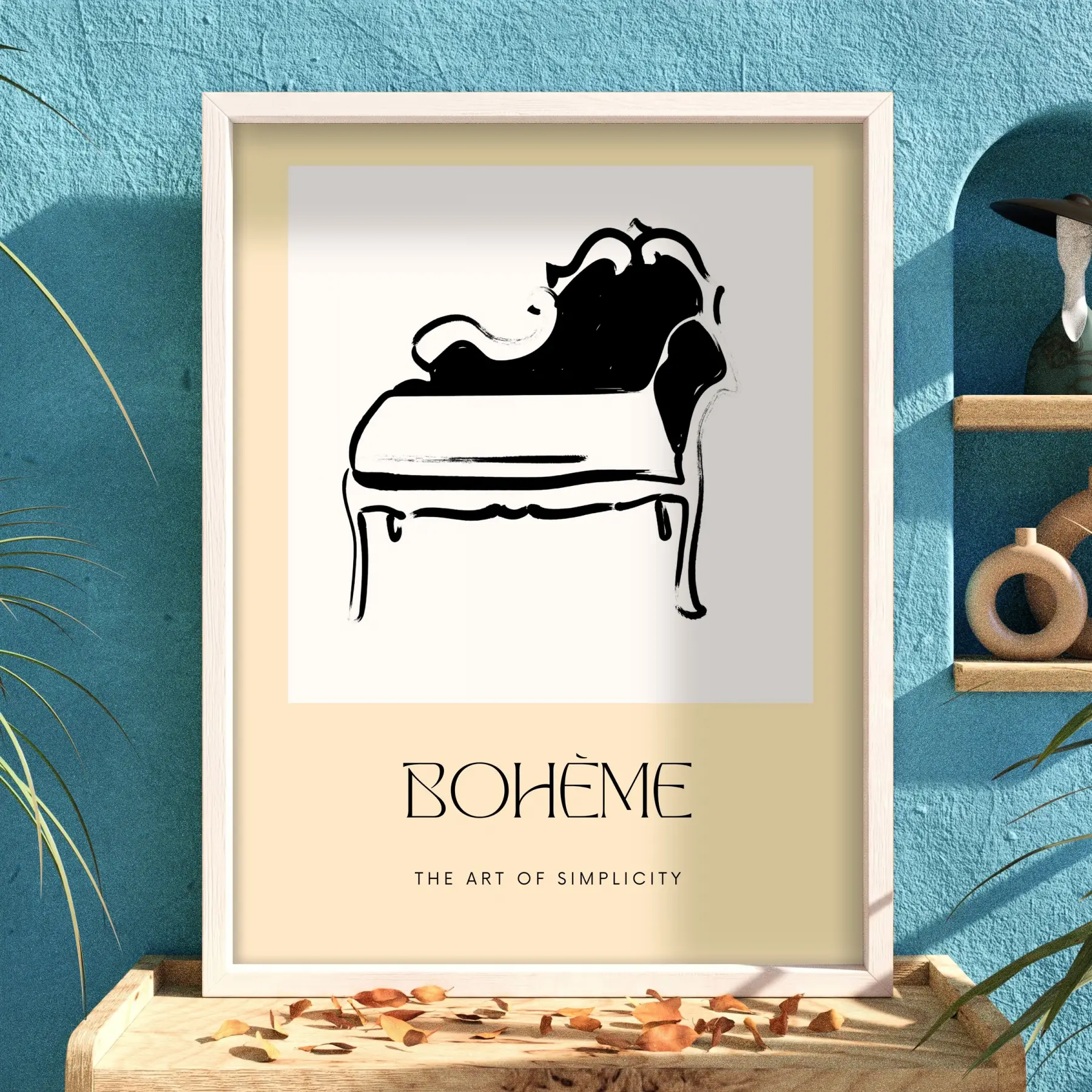 Bohem Koltuk Çizimi Beyaz Ahşap Çerçeveli Tablo Dekoru Poster Obje Ev Aksesuarları Modern